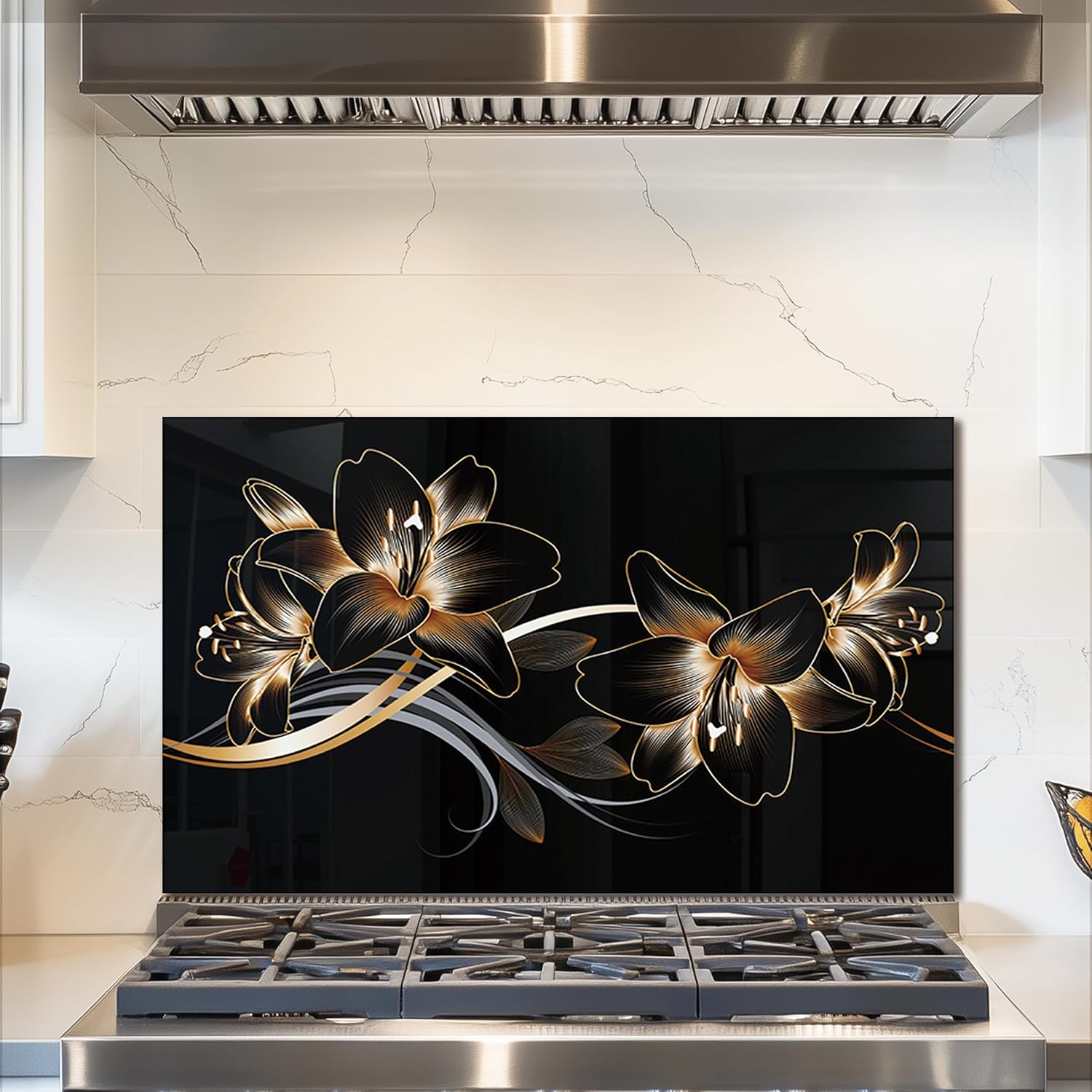 fzxwyishu Tempered Glass Kitchen Backsplash, Stove Back Top Cover, Splashback Tile,Magnolia flowers Kitchen Sink Cover Splash Guard, Home Kitchen Decor (Art Deco 2, 30"x16"(76.2x40.64cm))