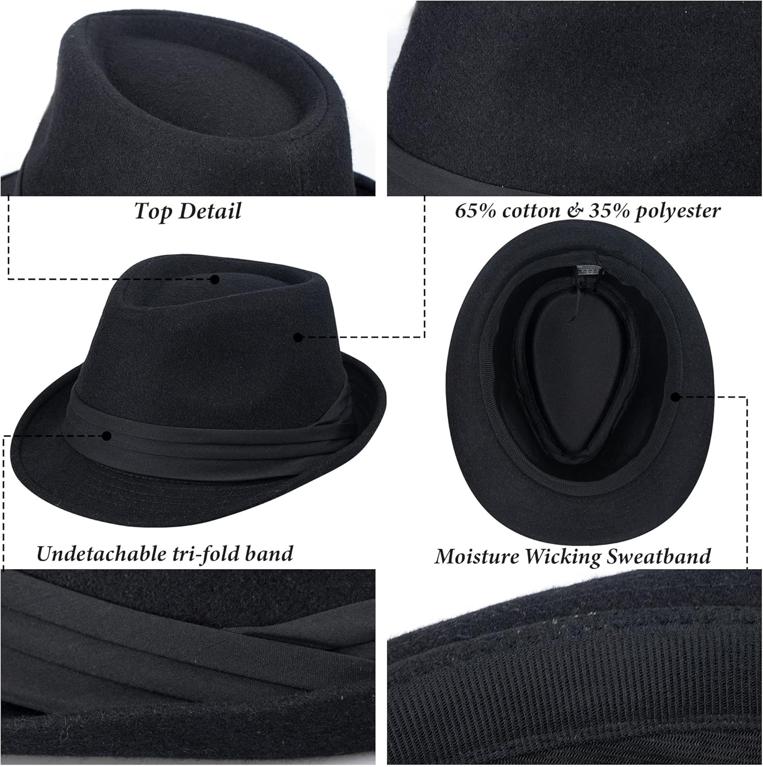 Womens Mens Classic Felt Trilby Hat Short Brim Fedora Hat Black Manhattan Gangster Jazz Hat for Unisex - Image 5