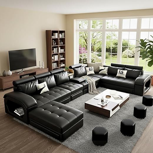 FURNART FURNITURE & INTERIOR Modern U-Shaped Sectional Sofa Set with Storage, 9 Seater, Sofa Couch with 4 Puffy for Hall Guest Room, Leatherette (Beige)