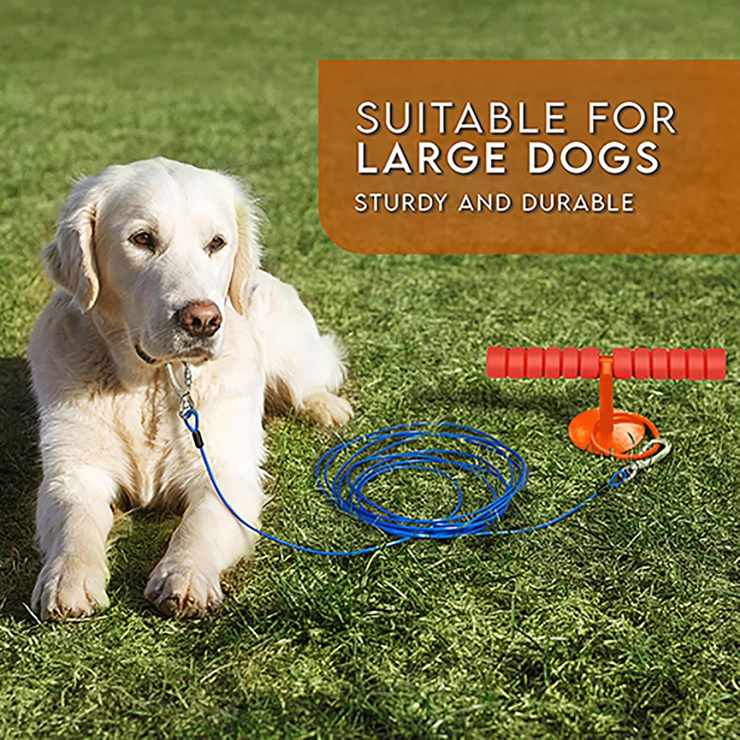 Heavy Duty 30FT Dog Tie Out Cable and Stake for Large Dogs, Dog Tie Out Stake and Cable Anchor for Dogs Up to 200 lbs,for Yard, Beach, Outdoor(Orange)