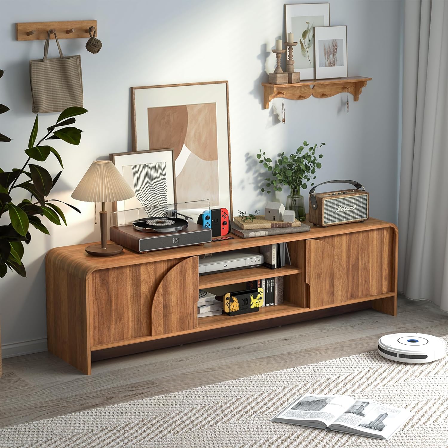 BERRYMERRY 63'' TV Stand for Up to 75" TVs,MCM TV Console Table with Big Arched Handle,Television Stands Entertainment Media Center with Sliding Door for Living Room Bedroom (Walnut)