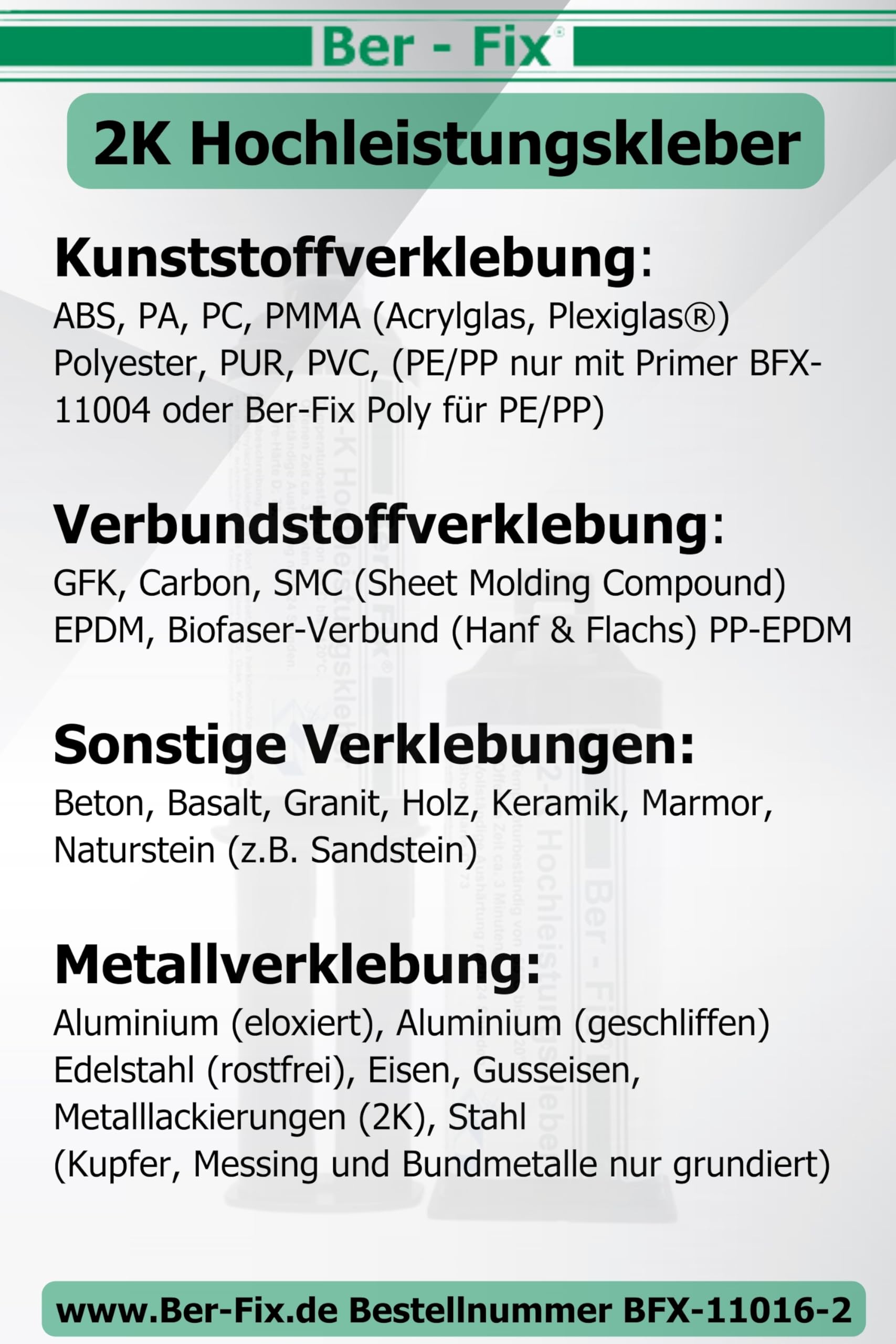 Ber-Fix Hochleistungskleber 2K MMA 30 Min 2x50g + 12 Düsen + Pistole