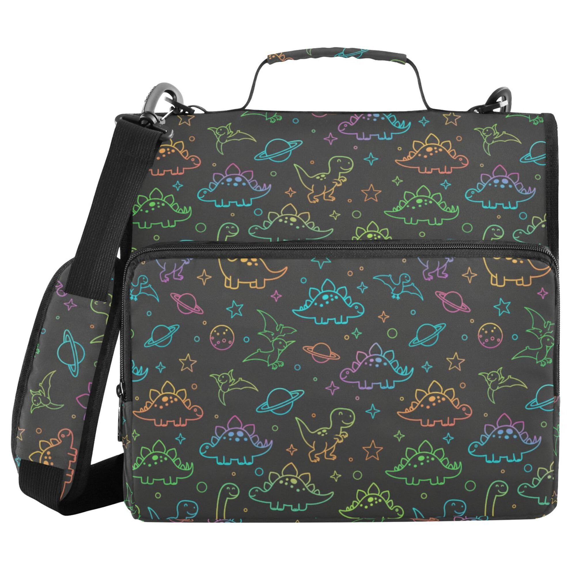 ALAZA Borsa per raccoglitori a 3 anelli, anelli a D da 3,8 cm, organizza facilmente carta formato lettera, dinosauro e pianeta, organizer con cerniera a 3 fori, per scuola e ufficio