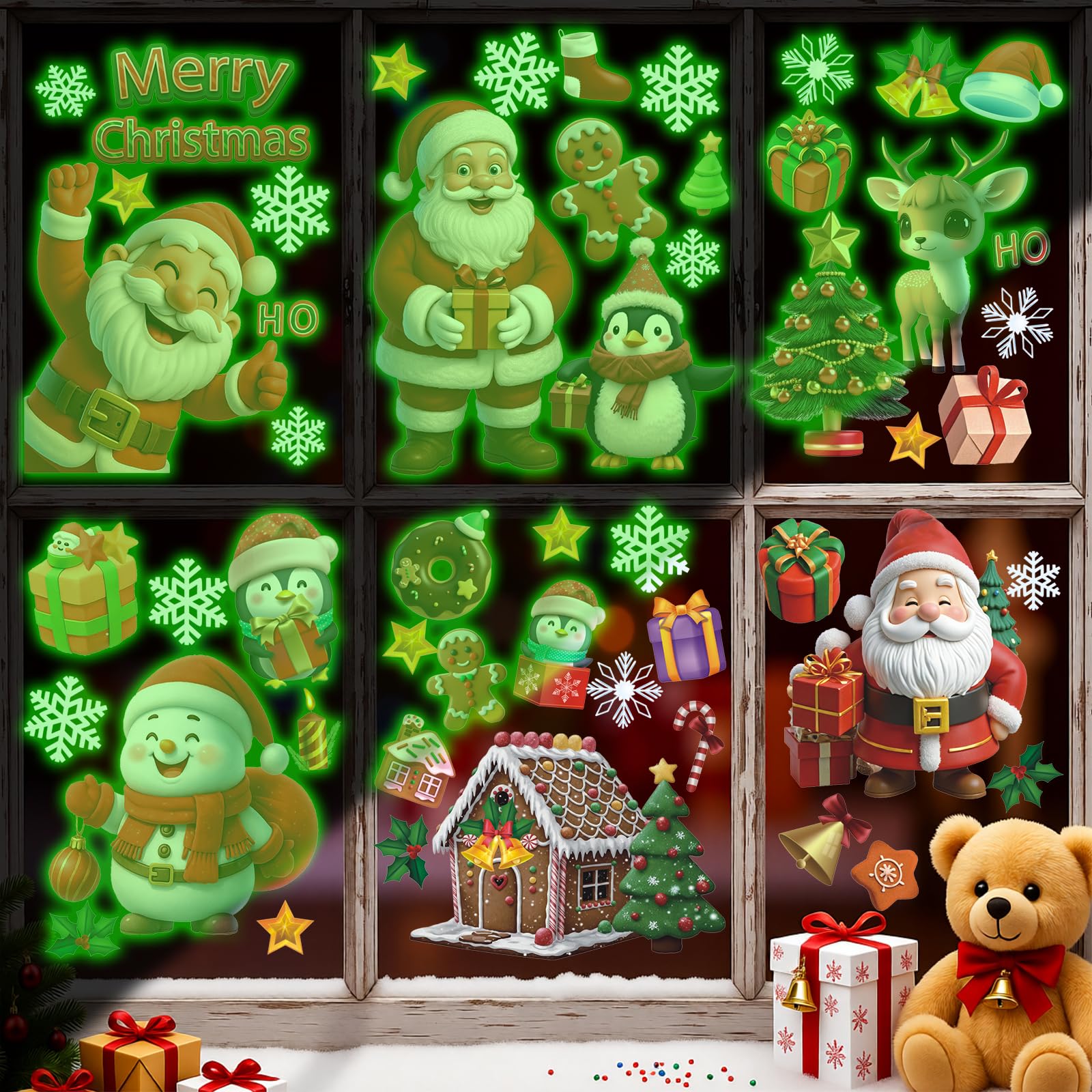 KAIRNE Fluorescent Glow Christmas Santa Window Clings Snowman Stickers โ image 1