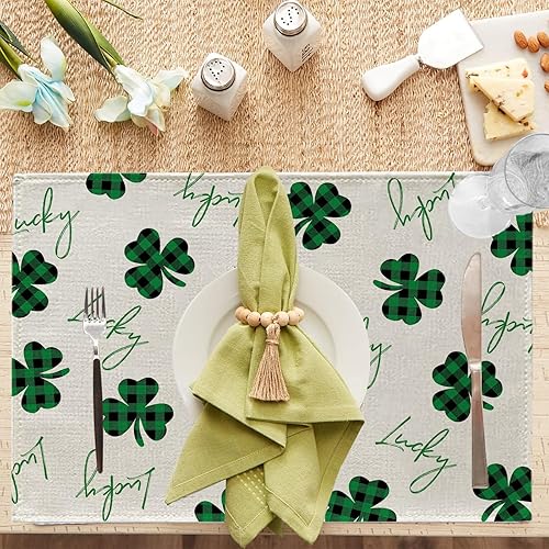 Miniatura 3 de GPGHE Juego de 4 manteles individuales del Día de San Patricio, diseño de búfalo de la suerte, Sharmrock, temporada de granja, irlandés, vacaciones,