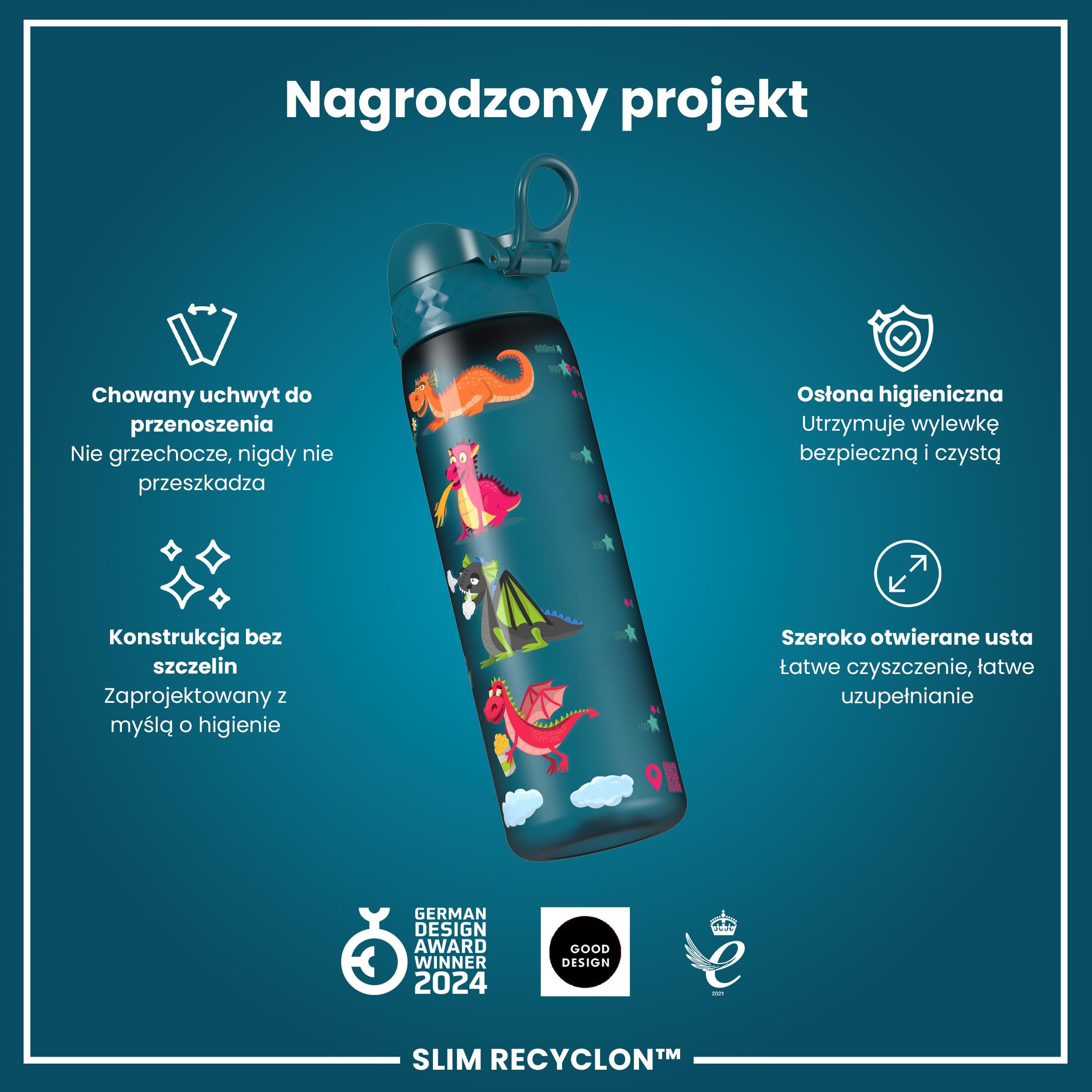 ION8 Butelka na Wodę, 500 ml/18 oz, Szczelna, Łatwe Otwieranie, Bezpieczny Zamek, Można Myć w Zmywarce, Bez BPA, Higieniczne Pokrycie, Uchwyt do Przenoszenia, Łatwa Czyszczenie, Bezwonny, Smoki
