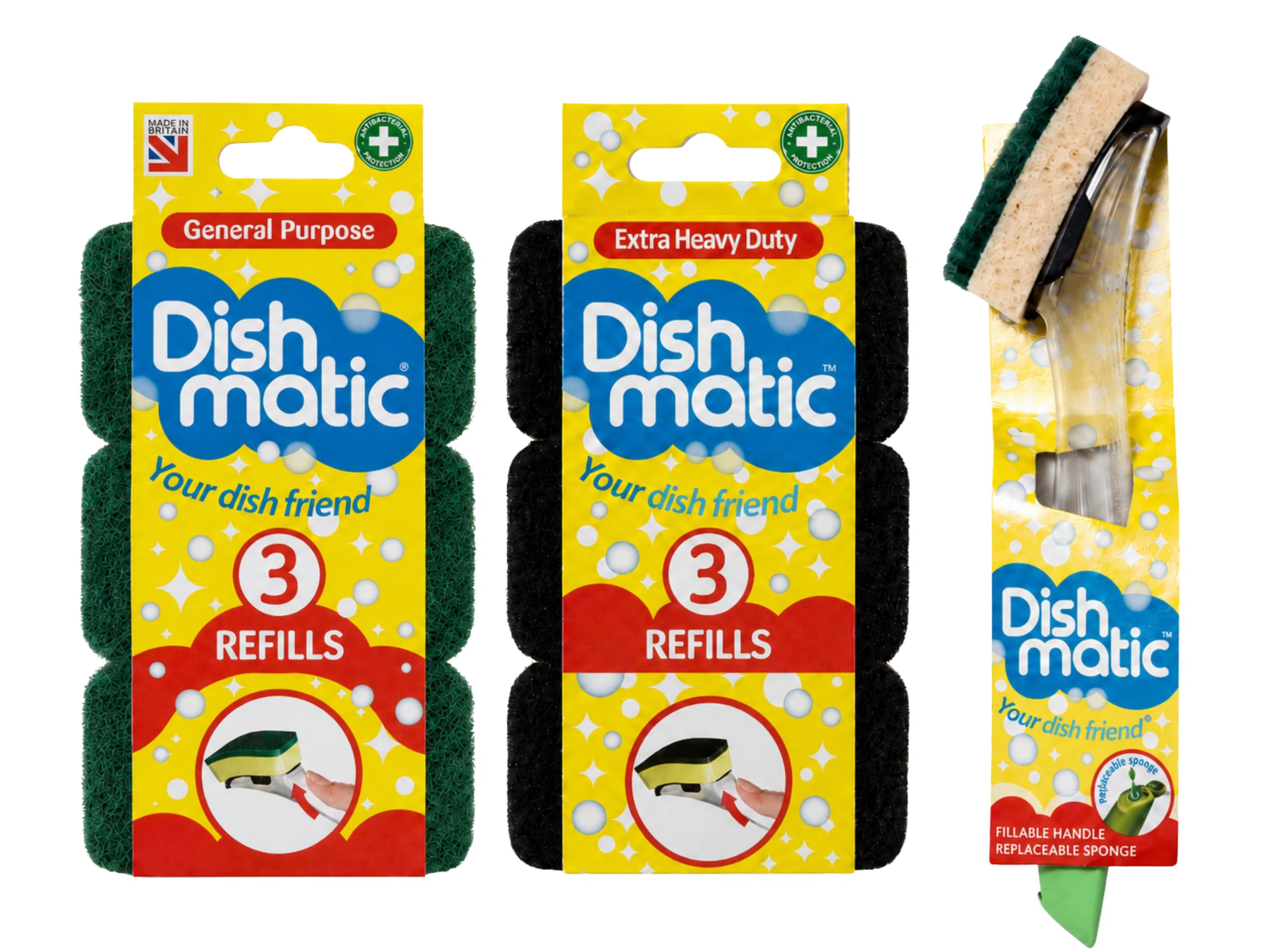 Dishmatic Washing Up Brush Bundle with Green & Black Refill Sponges – Sponge on a Stick, Dish Scrubber, Scourer & Kitchen Cleaning Sponge Set