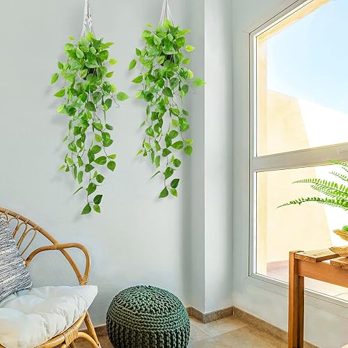 Miniatura 4 de LOYWREE 2 plantas colgantes falsas pequeñas, plantas artificiales en maceta de 32 pulgadas, plantas de hiedra sintética, plantas colgantes para