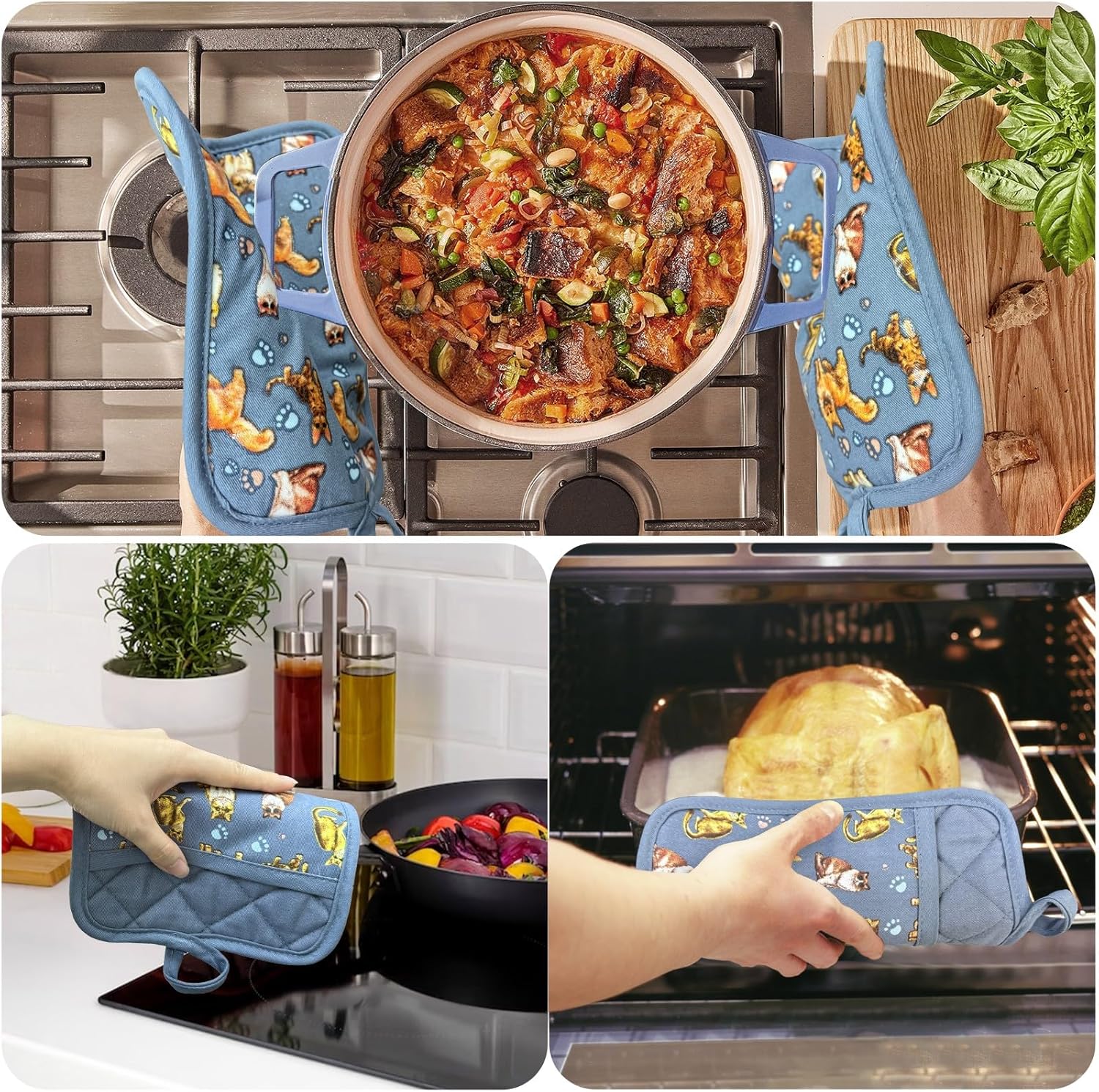Pot Holders Set of 2 Heat Resistant 480 ℉Non Slip Clear Silicone Printed Comfortable Cotton Lining Kitchen Women Men Cooking Baking Microwave Machine Washable (Cat, Grey potholders) - Image 5