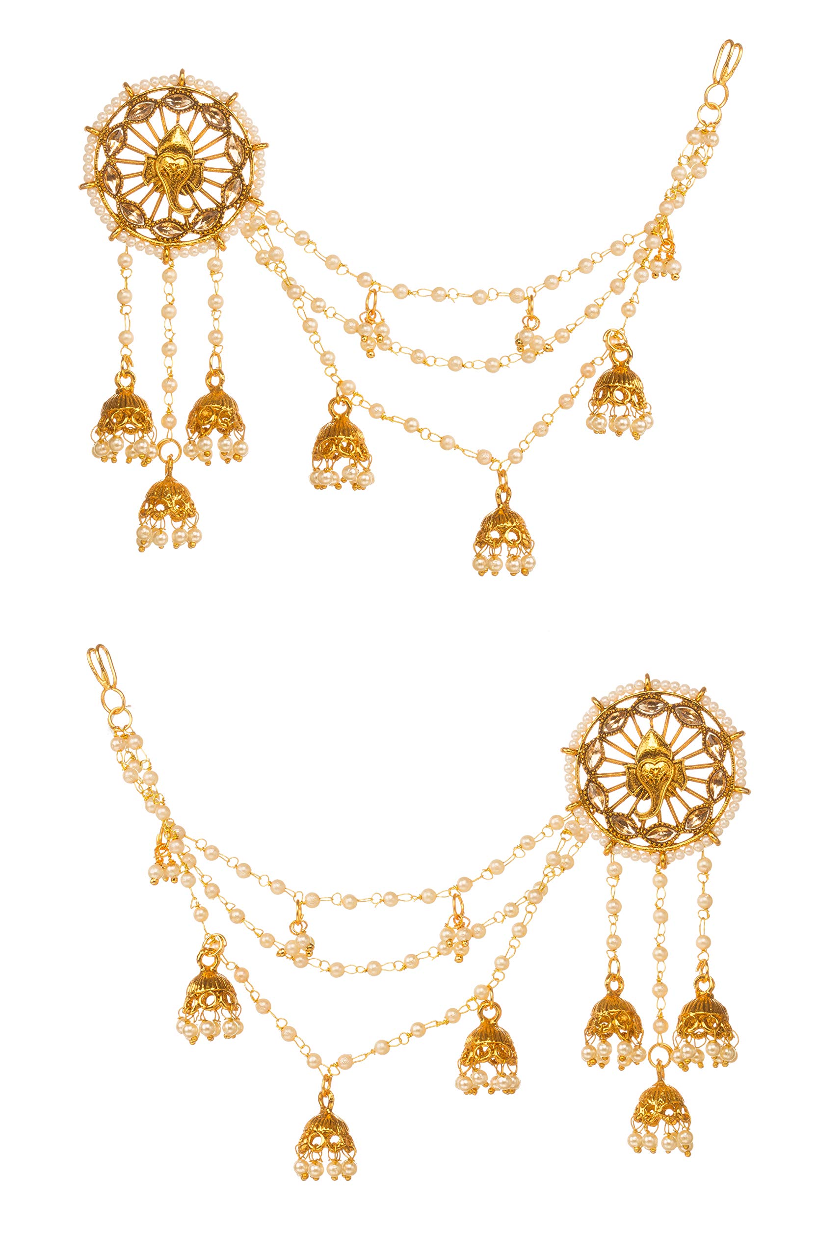 BindhaniBindhani Indian Style Bahubali Multiple Small Jhumki Earring With Round Tassel Pearl Chain & Back Hair Chain For Women