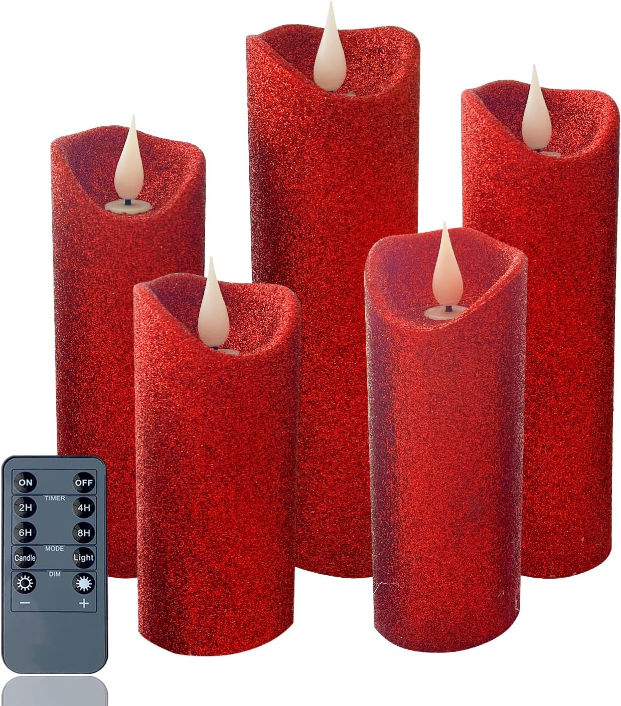 Evenice Flameless Candles Flickering Pillar Candles Battery Operated Candles Unscented with Timer and Remote,Set of 5 Glitter Red Wax Pillar LED Candles