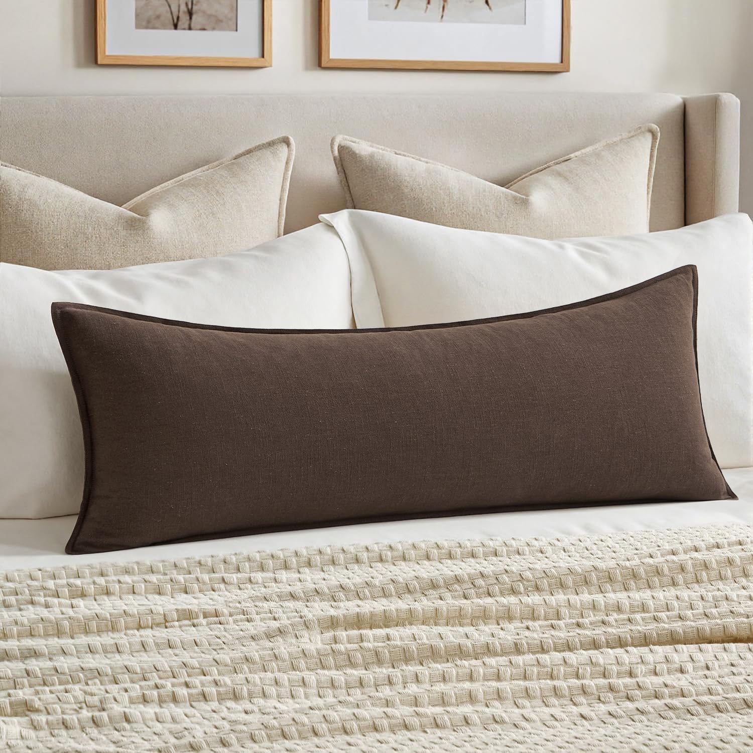  Decorative Linen Lumbar Pillow Cover 14x36 Inch Reddish Brown