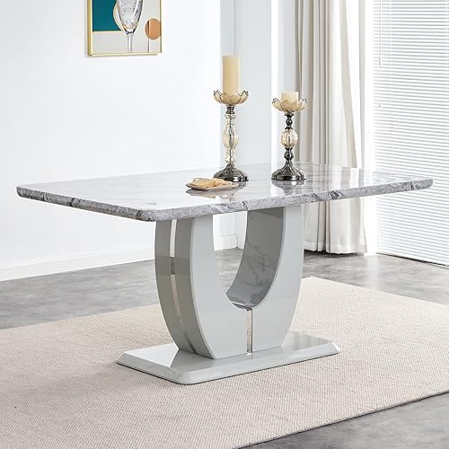 Miniatura 23 de JUFU Mesa de comedor de mármol sintético de 63 pulgadas para 6, moderna mesa rectangular de cocina y comedor, parte superior de MDF con aspecto de