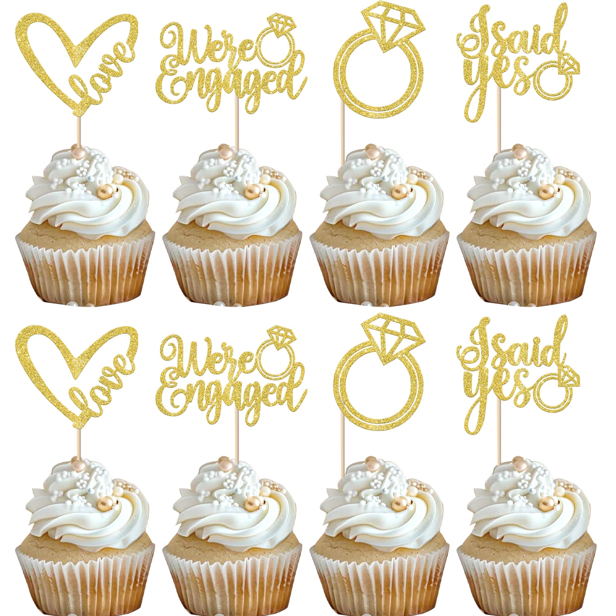 Rsstarxi 24 Pack We're Engaged Cupcake Toppers Diamond Ring Glitter Sweet Heart Love She Said Yes Cupcake Picks for Wedding Engagement Bridal Shower
