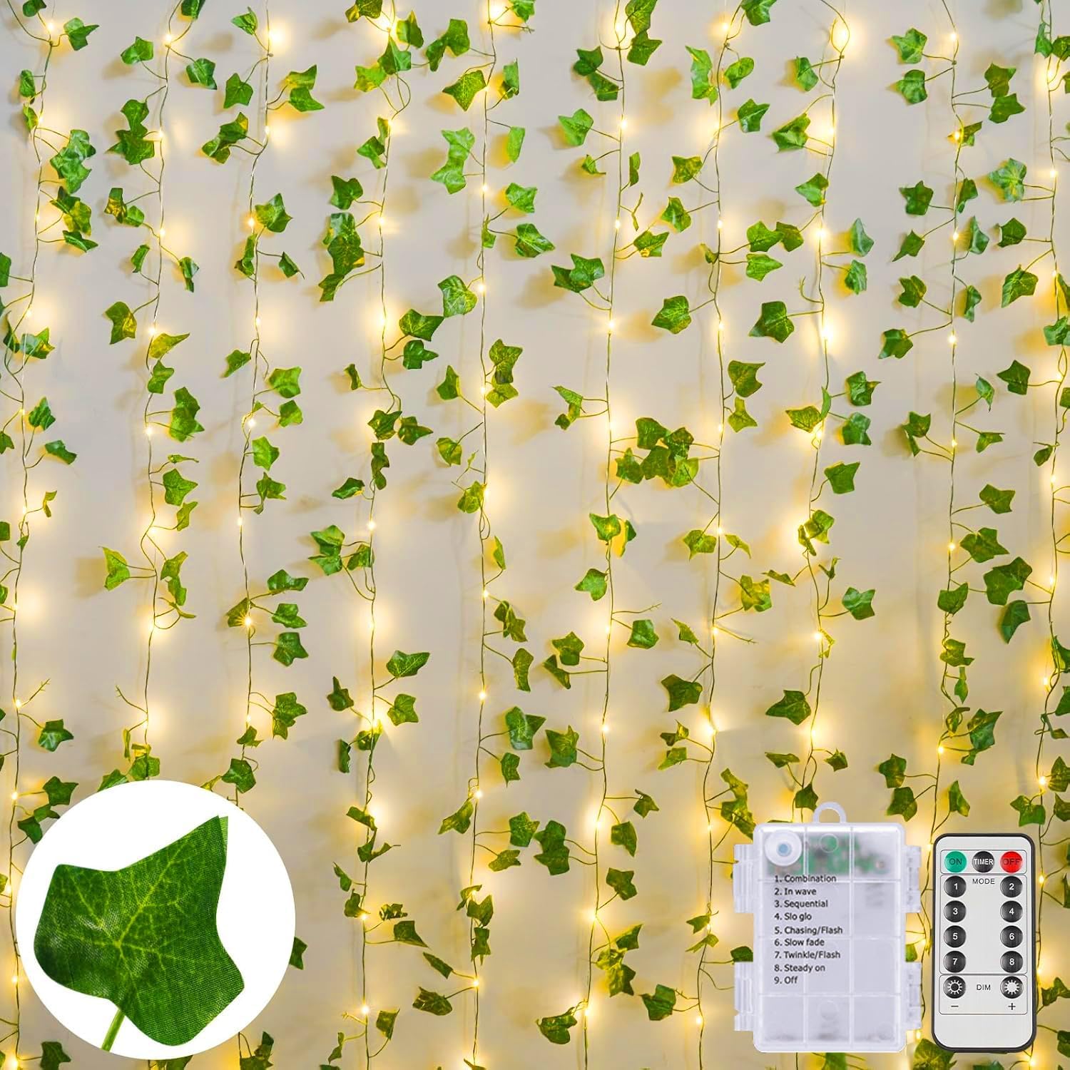 yowin Efeu Lichterkette 10M 100 LED Fake Efeu Batteriebetrieben mit