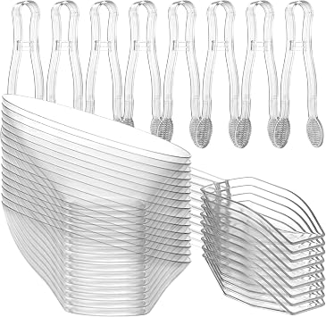 Clear Plastic Candy Bowls 6 oz 32 Pcs Set - 16 Angled Bowls w/ 8 Scoops & 8 Tongs, Hard Disposable Candy Bar Containers for Buffets, Ice Cream Sundae Dessert Supplies, Toppings & Party Serving Cups