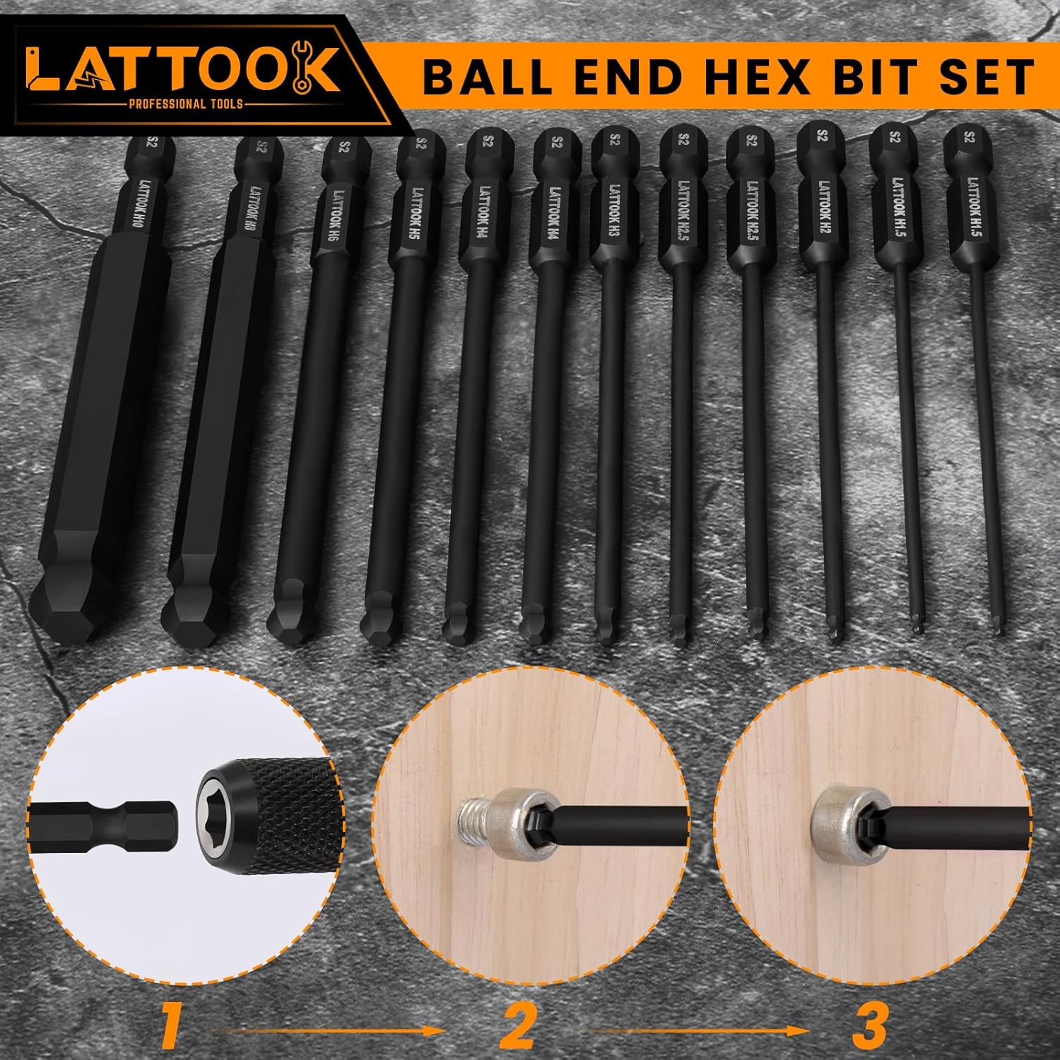 Ball End Hex Head Allen Wrench Drill Bit Set with Quick Release Bit Driver, LATTOOK 12PCS Metric Ball End Hex Bit Set Allen Hex Key, Magnetic S2 Steel, 4'' Long