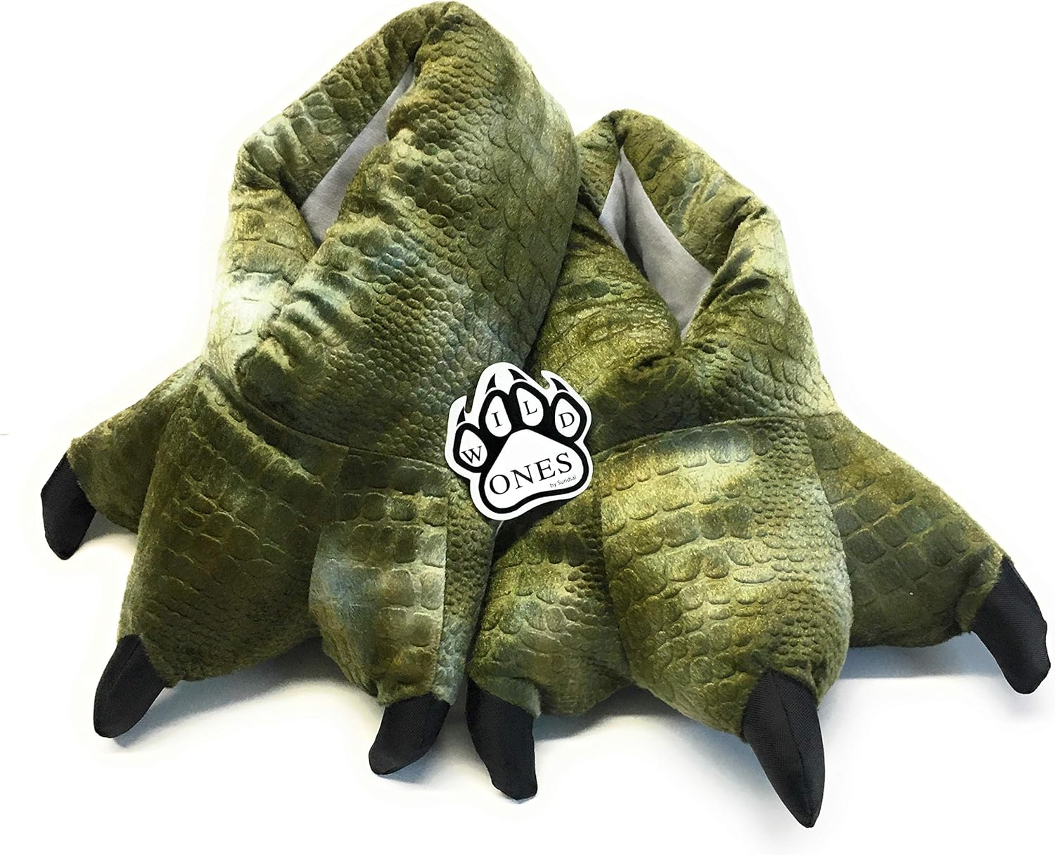 Wild Ones Furry Animal Claw Slippers for Toddlers, Kids and Adults (Green T-Rex Dino, Large)