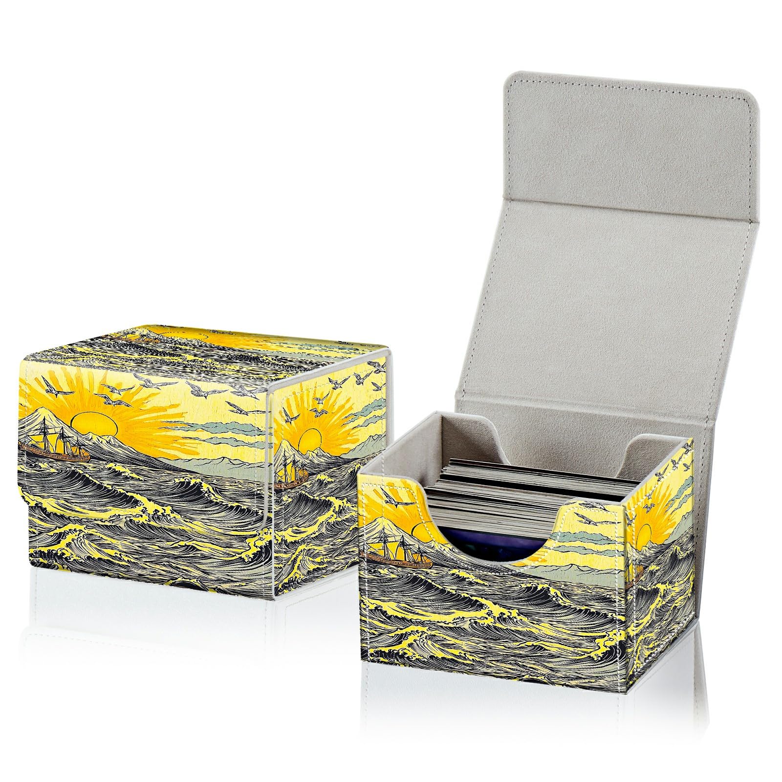 RWUTYTIUL Card Deck Box for MTG, Cards Storage Box Fits 120+ Sleeved, Leather Small Size Strong Magnetic Closing Card Case for Board Games Magic TCG CCG Baseball Collection, Sunset Waves