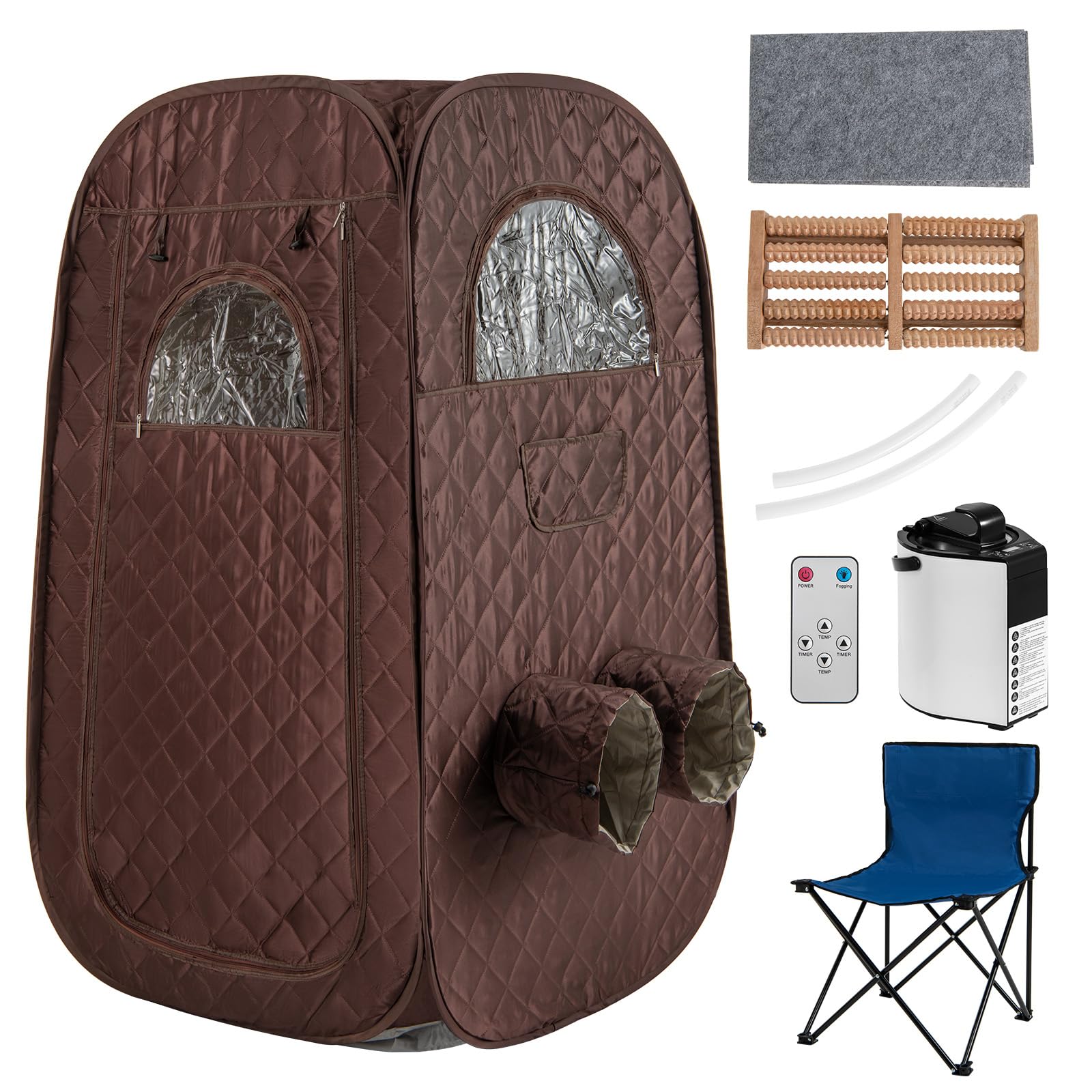 COSTWAY tragbare Dampfsauna, Heimsauna für 1-2 Personen mit 3 Liter Dampfgenerator, Timer, Fernbedienung, Fußmassagegerät & Klappstuhl, Saunazelt Sitzsauna Zuhause, 89 x 89 x 149 cm (Braun)