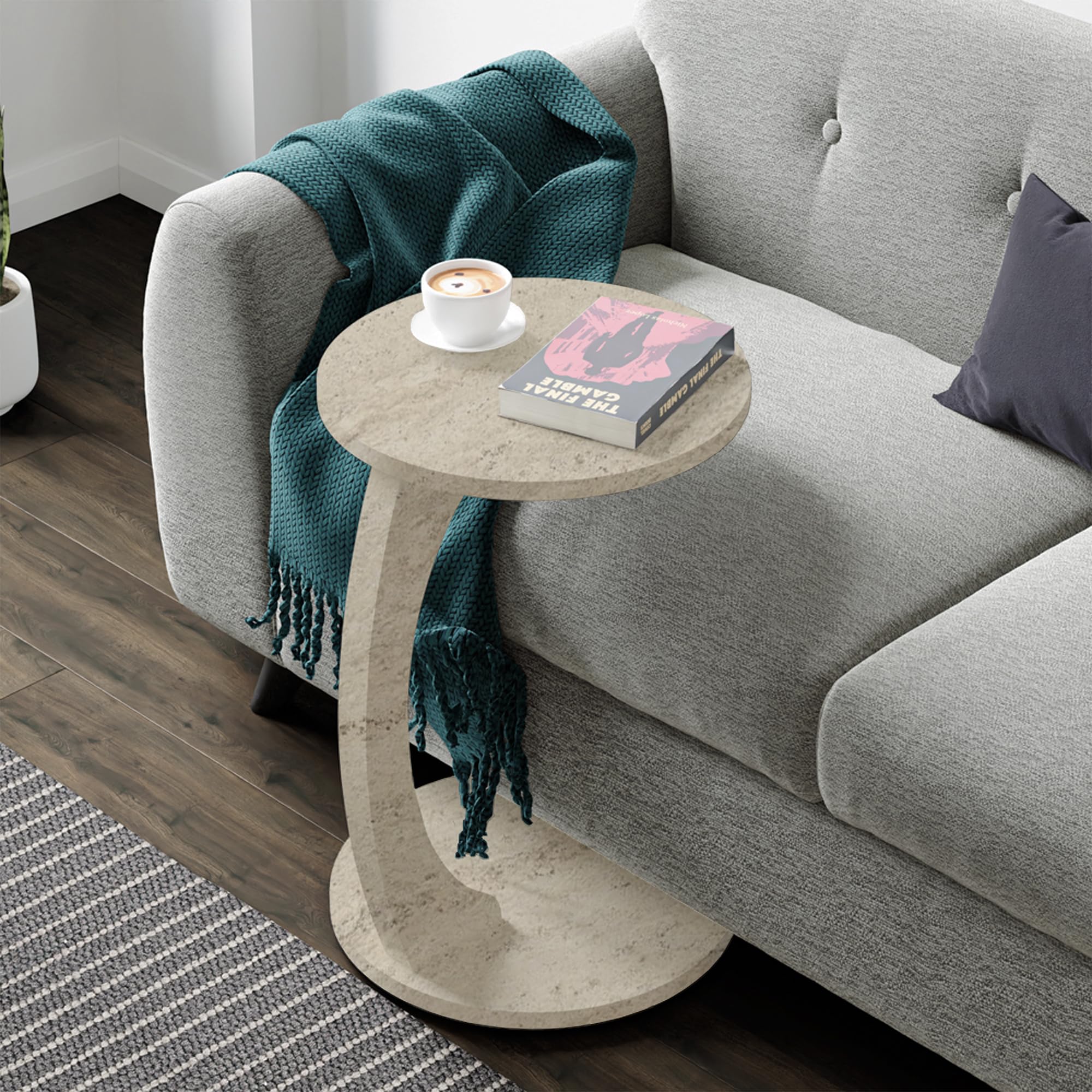 Beistelltisch Holeby – C-förmiger Rolltisch, Travertin-Look, 56 × Ø 38 cm