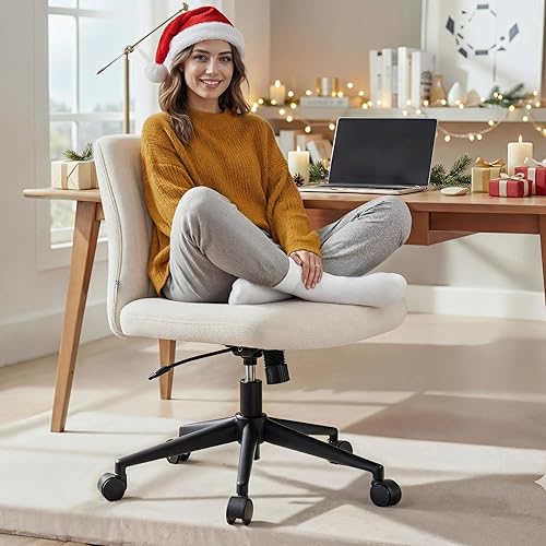 NYPOT Silla de escritorio sin brazos con ruedas para sentarse entrecruzada, silla ancha sin brazos cruzados, taburete giratorio de 360 ajustable y