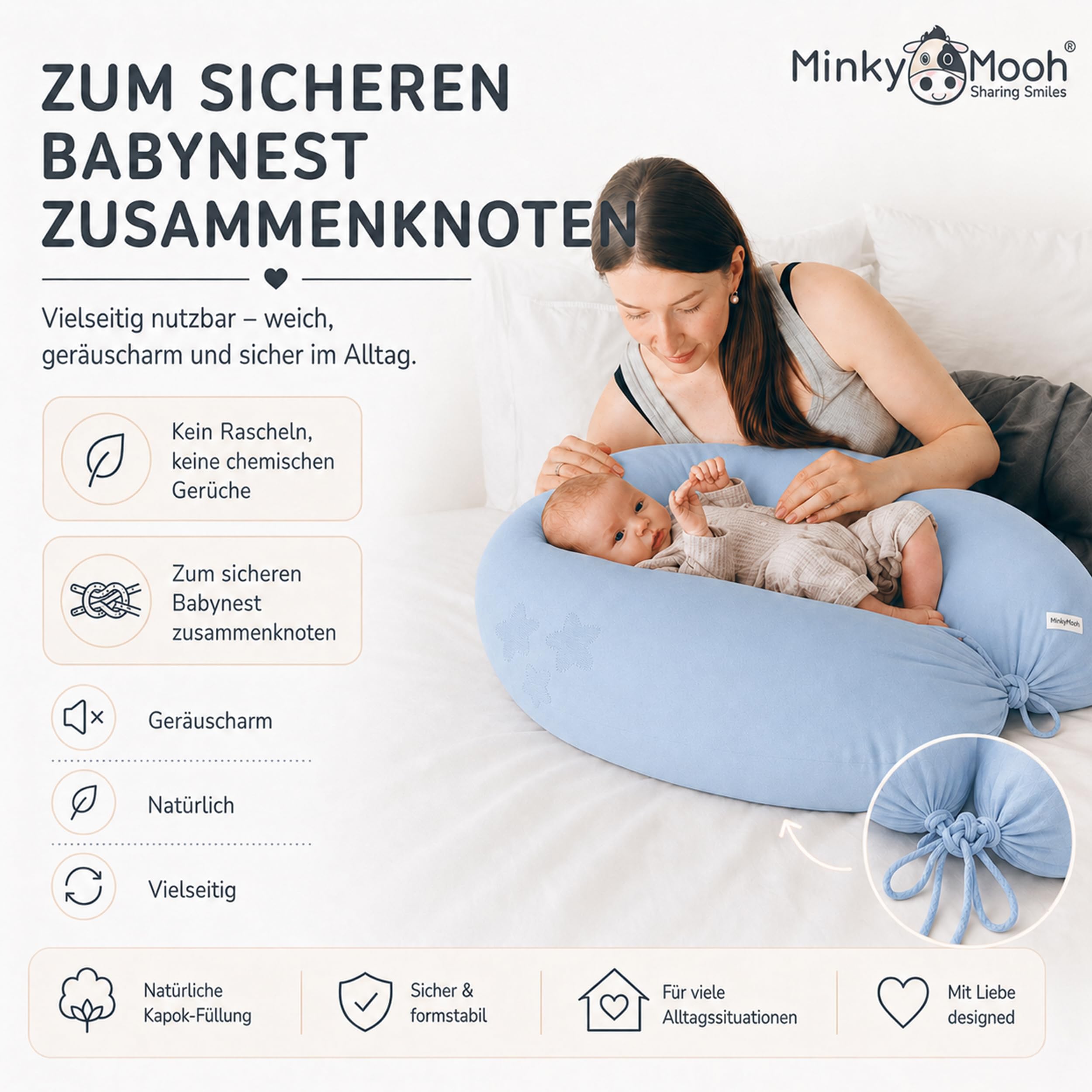 Twoja poduszka do karmienia – 100% naturalna poduszka do karmienia z poszewką z bawełny ekologicznej i wypełnieniem z kapoku. Idealna jako poduszka do leżenia w czasie ciąży lub dla osób śpiących na boku (niebieska)
