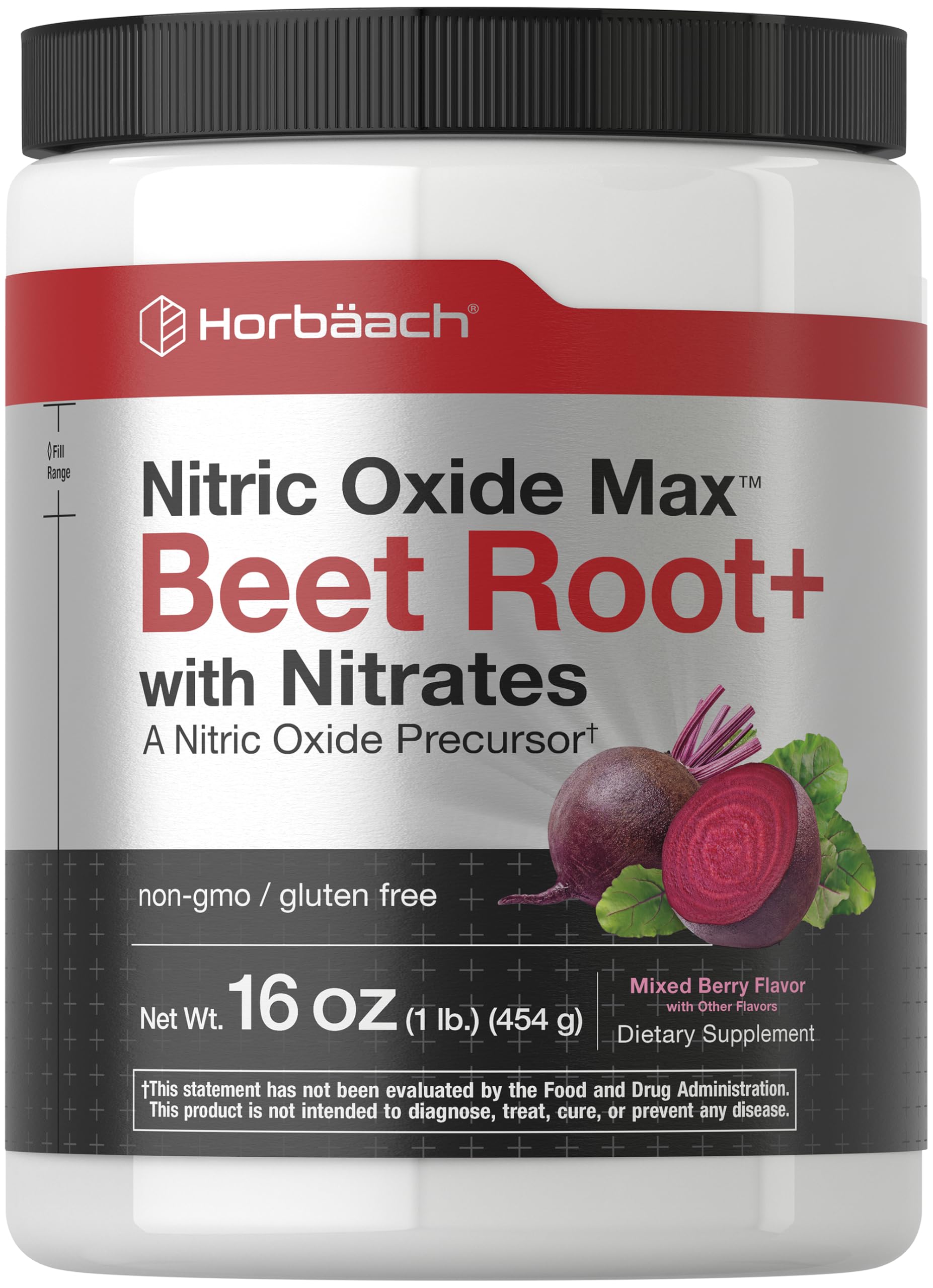 Horbaach Nitric Oxide Powder | 16 oz | Supplement for Men & Women | with Beet Root & Nitrates | Mixed Berry Flavor | Vegan, Non-GMO & Gluten Free