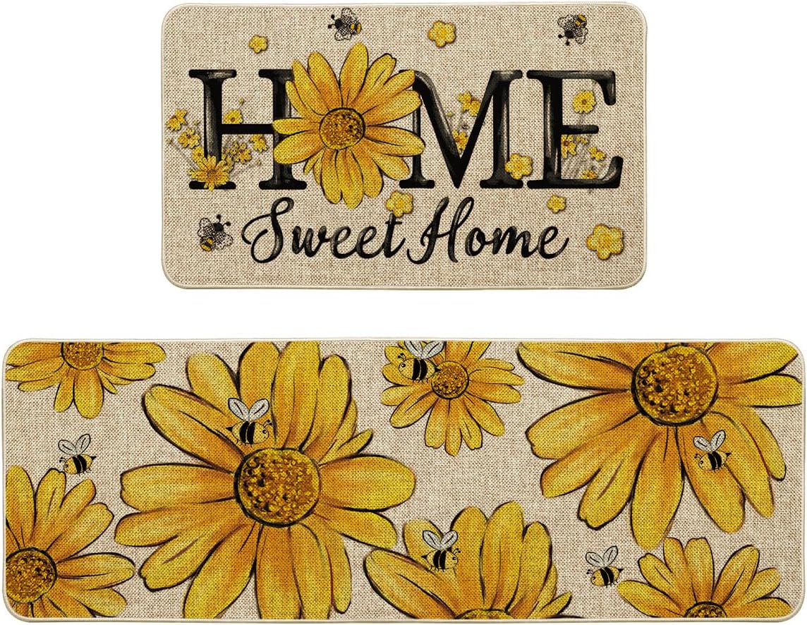 Artoid Mode Beige Bee Sunflower Daisy Home Spring Kitchen Mats Set of 2, Summer Home Decor Low-Profile Kitchen Rugs for Floor - 17x29 and 17x47 Inch