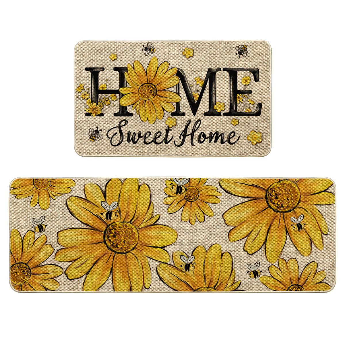 Artoid Mode Beige Bee Sunflower Daisy Home Spring Kitchen Mats Set of 2, Summer Home Decor Low-Profile Kitchen Rugs for Floor - 17x29 and 17x47 Inch