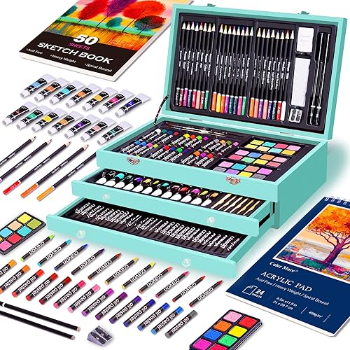 Miniatura 4 de Juego de arte de lujo de 175 piezas con 2 almohadillas de dibujo, pinturas acrílicas, lápices de colores, juego de pintura en estuche de madera, kit