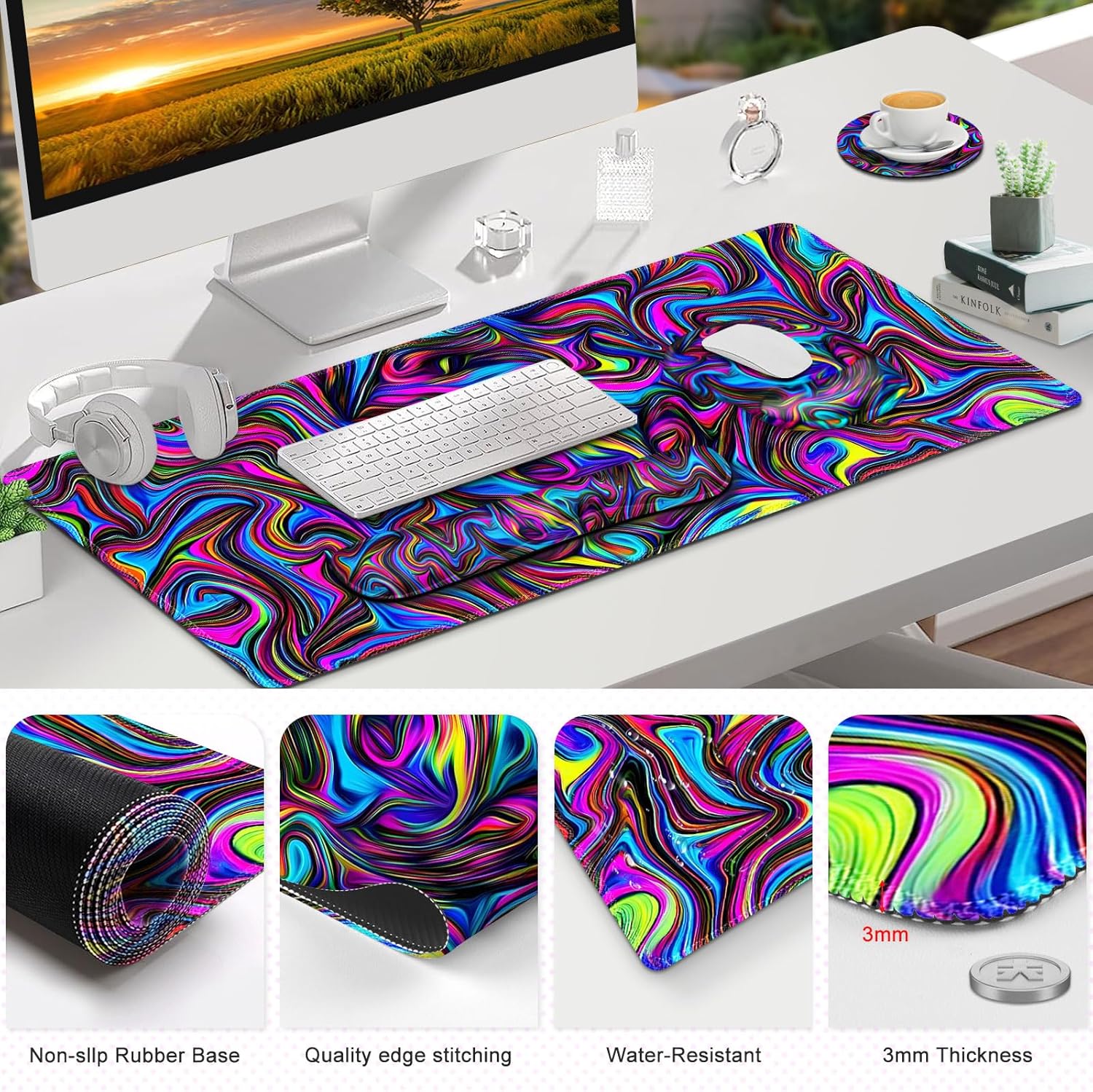 Gaming Mouse Pad, Large Desk Mat, Cute Desk Pad Protector, 4in1 XXL Mousepad + Keyboard Wrist Rest+Mouse Wrist Rest+Coaster Set with Ergonomic Desk Pad for Home Office Computer, Dazzling Bright Color
