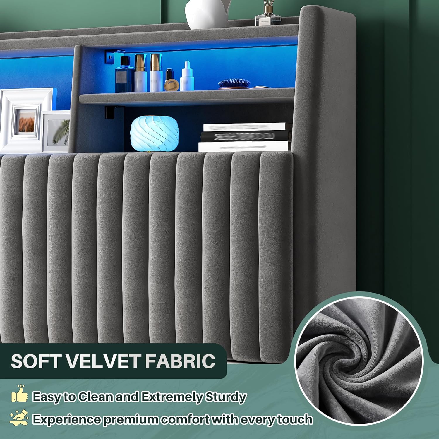 King Size Bed Frame, Vertical Channel Tufted Headboard with Storage Shelves,Velvet Bed Frame with Charging Station and LED Lights, Wooden Slats, Noise Free, Grey