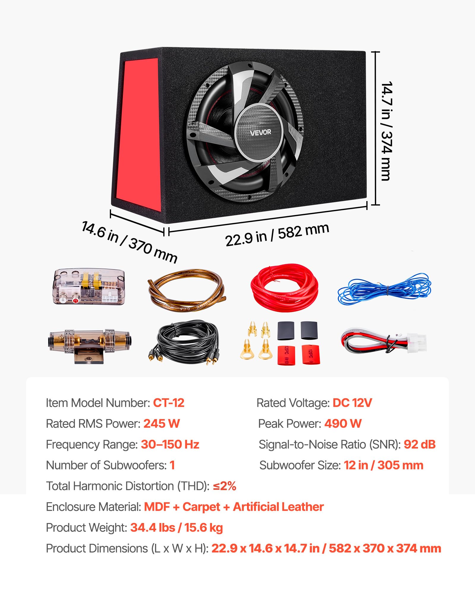 VEVOR Subwoofer para Maletero de Coche 245W RMS 305mm, Caja de Subwoofer con Carcasa, Amplificador Integrado, Juego de Cableado, Diseño Trapezoidal Delgado y Compacto, para Sistema de Audio de Coche