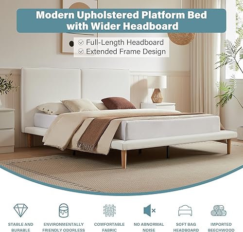 Miniatura 6 de VELOCAVA Base de cama de plataforma tamaño Queen con rieles laterales de 5.9 pulgadas de ancho, cama tapizada beige con cabecero, estilo escandinavo