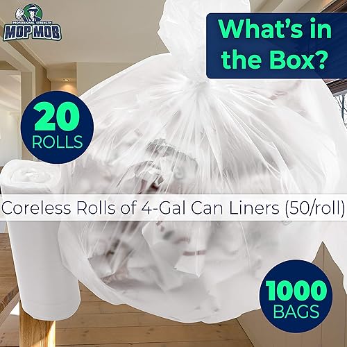 Miniatura 3 de Mop Mob Revestimientos transparentes a prueba de fugas para botes de basura de 4 galones, 1000 unidades, sin núcleo, eliminación sin desorden