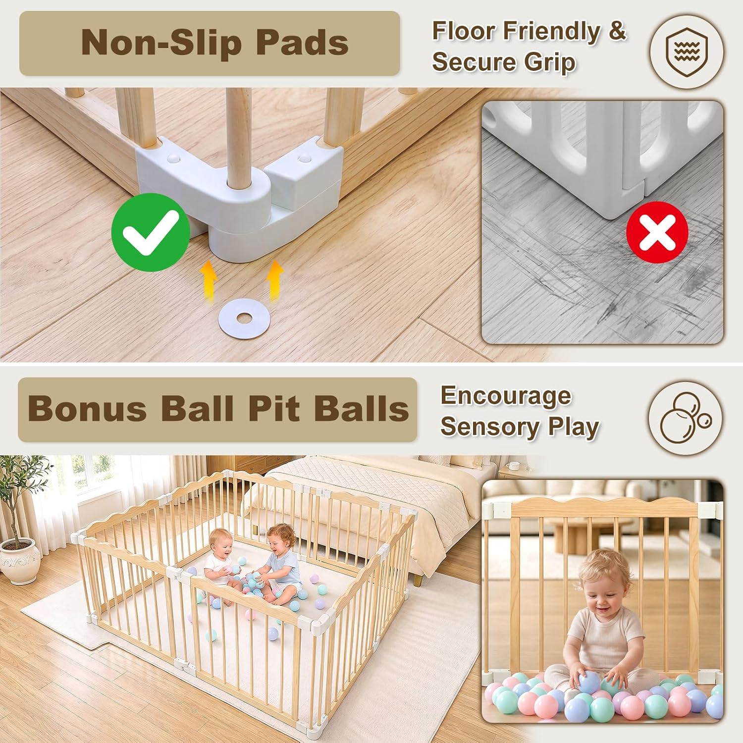 Foldable Wooden Baby Playpen, Pre-Assembled Pine Wood Play Pen – Ready to Use, No Assembly Required, Play Yard with Locking Gate, Adjustable Shape & Size Large Baby Fence Play Area – 60x60x24in