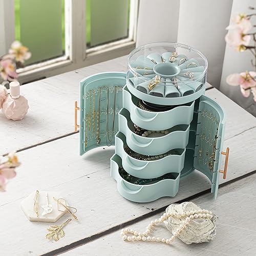 Miniatura 6 de Exuberante y glamoroso organizador de joyas, exquisita caja de joyería de pie con puertas dobles y cuatro cajones, caja organizadora para tocador,