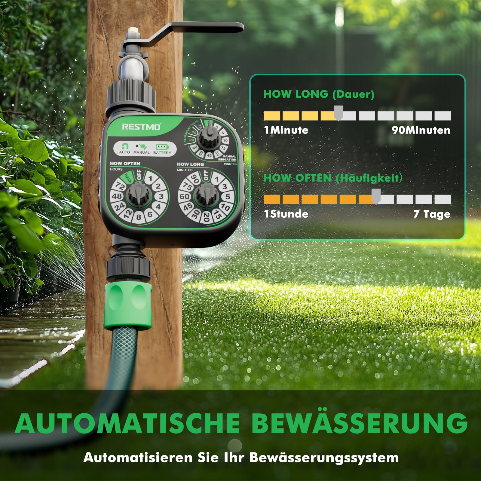 RESTMO Wasserzeitschaltuhr, Zeitschaltuhr mit 3 Zifferblättern, Muti-Funktions Bewässerungssteuerung, 3 Bewässerungsmodi, perfekt für Gartenschlauch, Außenwasserhahn, Rasen-Bewässerungssystem, Schwarz