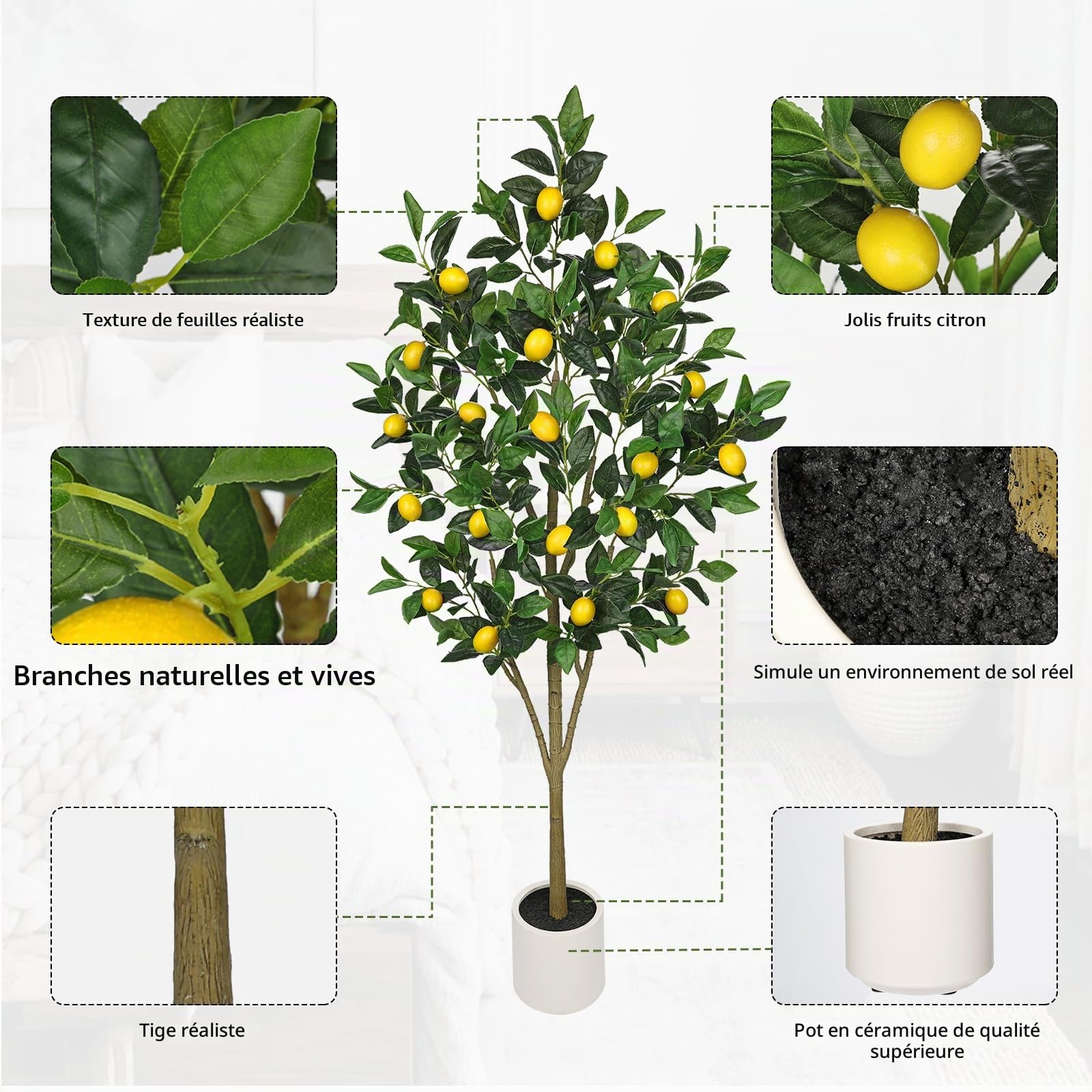 Oairse Plantes artificielles - Grand citronnier - 150 cm - Plante artificielle - Décoration d'intérieur - Plante d'art comme vraie en pot pour décoration de table, bureau, salle de bain, chambre à