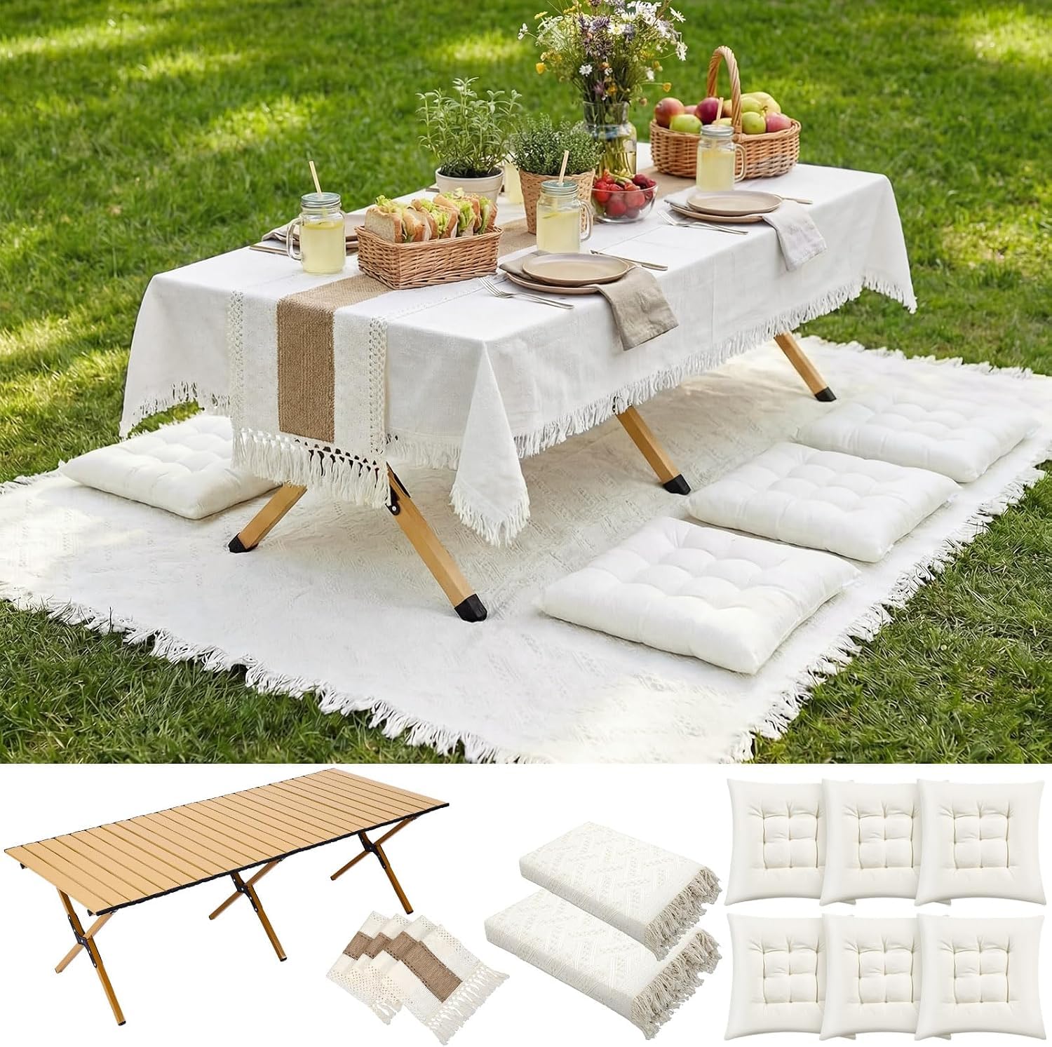Photo 1 of DUUOO Picnic Kit Folding Picnic Table with Extra Large Outdoor Boho Blanket