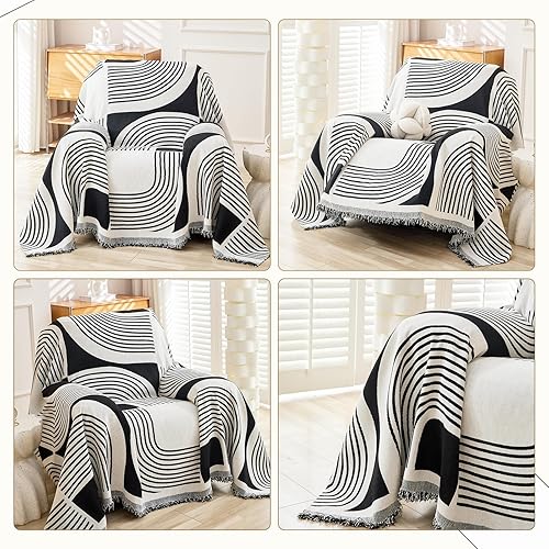 Miniatura 2 de Funda bohemia de felpilla con borlas, funda de sofá bohemia para sofá de 1 plaza, sillón, silla, 1 plaza (71 x 91 pulgadas, negro)