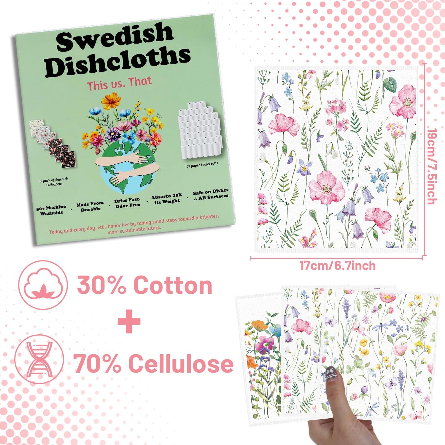 Swedish Dishcloths for Kitchen, 6PCS Wildflower Cellulose Sponge Reusable Paper Towels Washable, Flower Absorbent Fast Drying Swedish Dish Cloth for Home Cleaning - Image 2