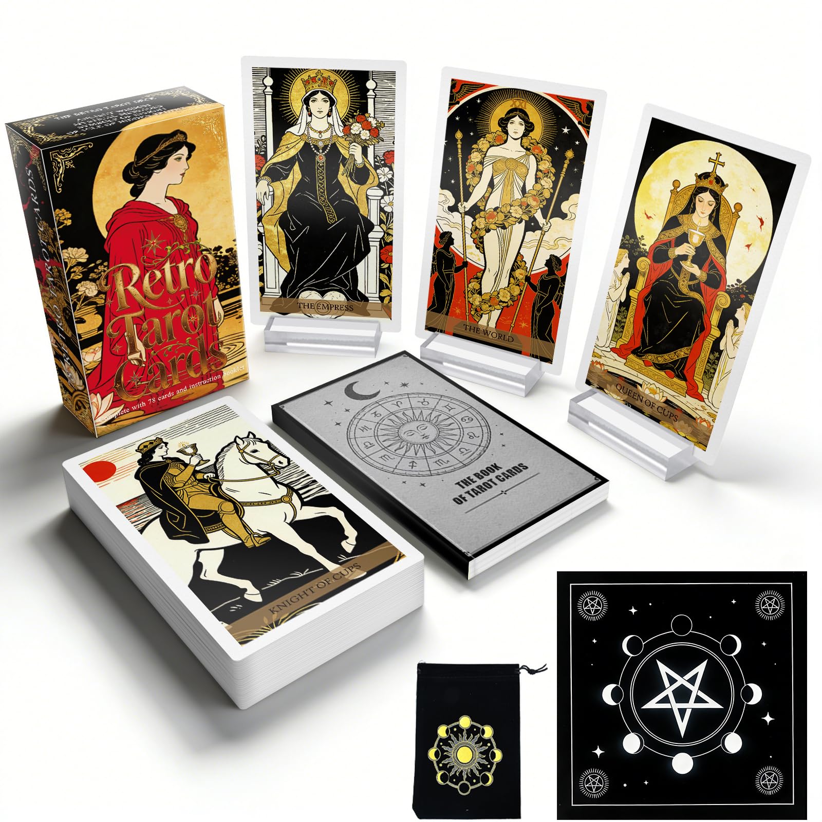 Powerful Black Tarot Cards, Vintage Rider Waite Tarot Deck with Guide Book, 78 Classic Tarot Cards Set with Velvet Bag, Altar Cloth & Acrylic Stands for Daily Reading
