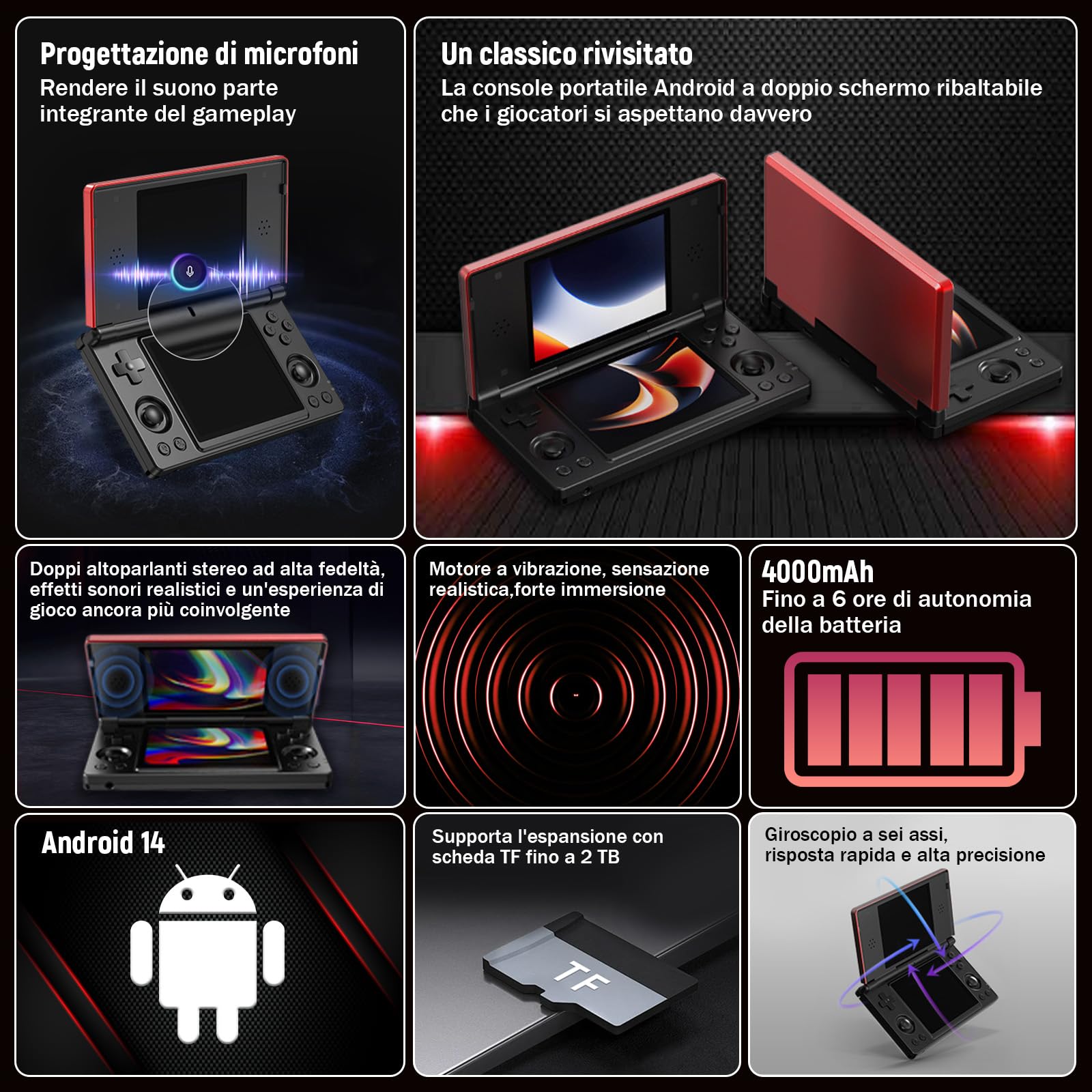 HKOORLAMULS Console portatile gaming con stilo capacitivo Console Retro Game Android14, Videogiochi pieghevole a doppio schermo da 4 pollici,Wi-Fi2,4+5 GHz e Bluetooth 4.2,batteria da 4000mAh (Nero)