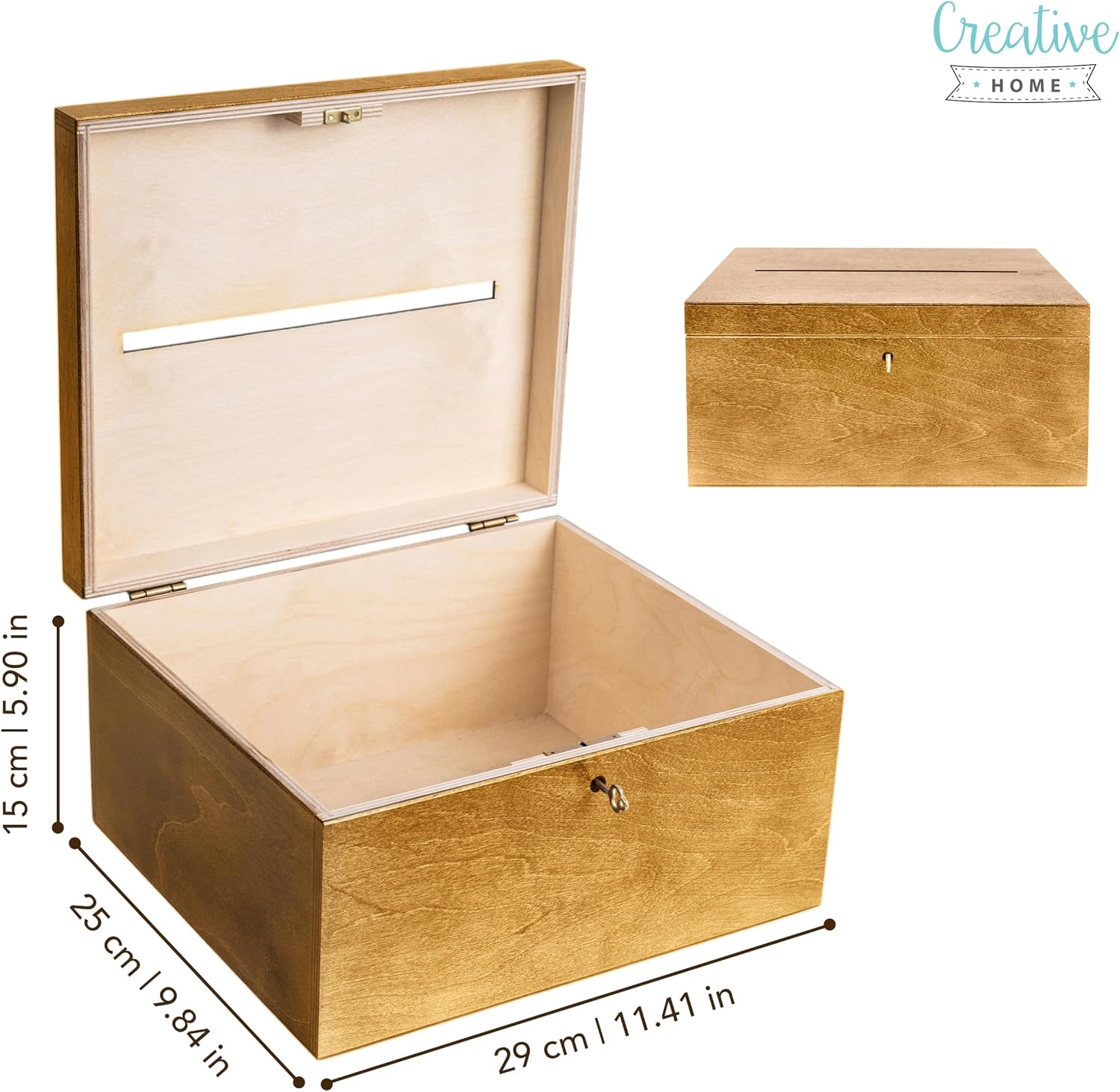 Creative Deco Lockable Wooden Wedding Card Box | 11.41x9.84x5.90in | Walnut Plain Storage Box with Lid | Keepsake Memory Trinket Chest for Letters | for Special Occasions Birthdays Arts & Crafts