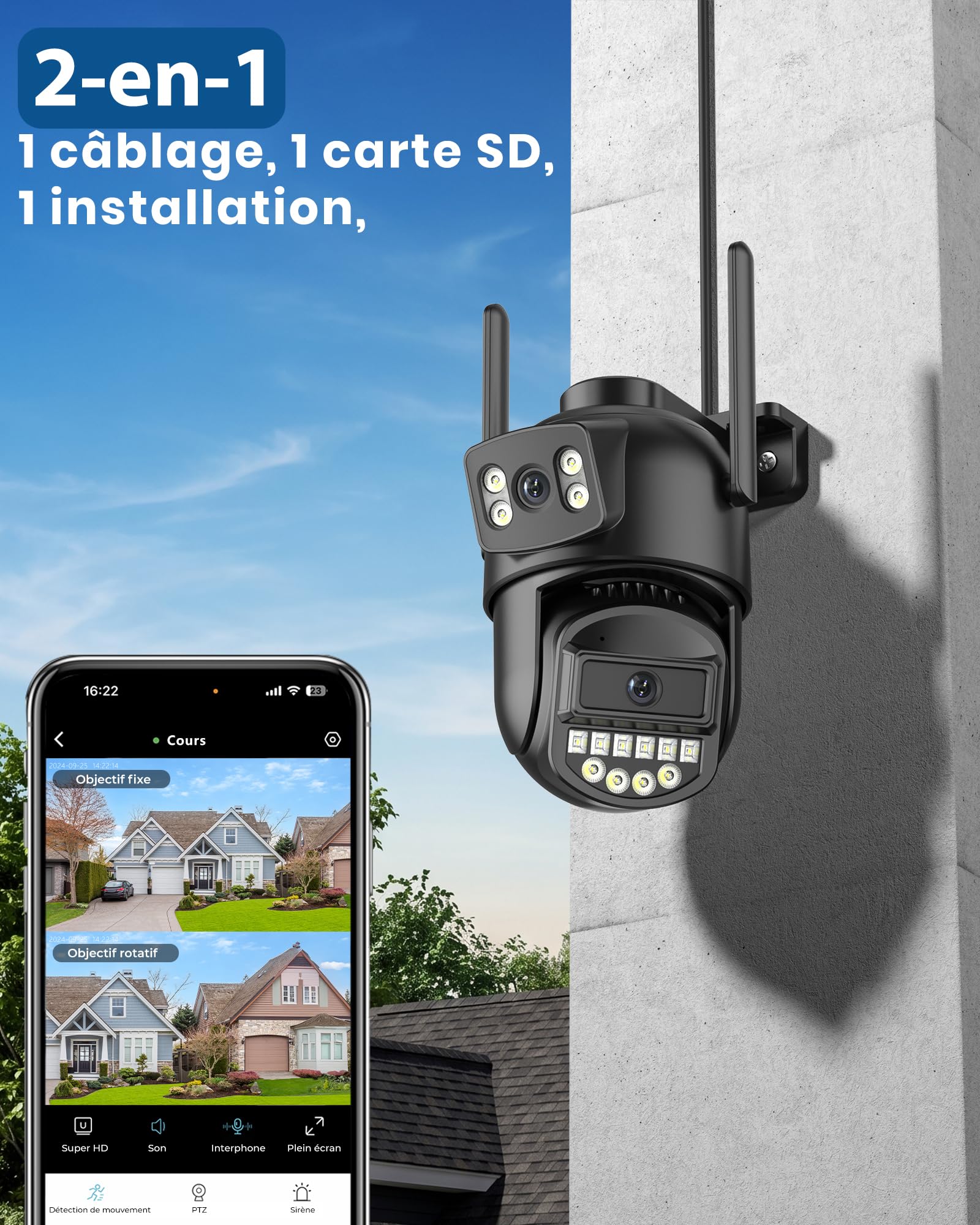 ANBIUX Camera Exterieur,avec 2K Double Objectif et 2.4/5G WiFi,PTZ,Filaire,Ethernet,Vision Nocturne Couleur,Audio Bidirectionnel,Détection Humaine,Alarme,Câble pour Jardin/Garage/Porte d’entrée
