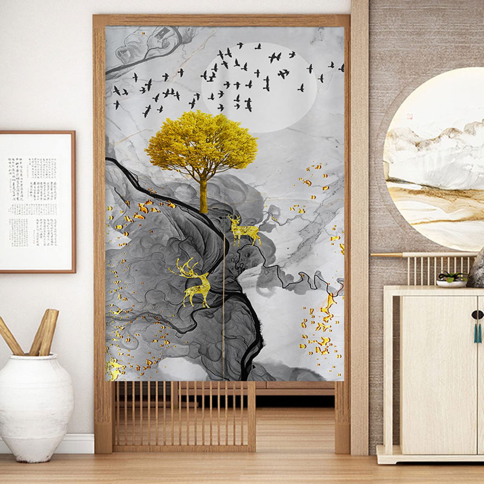 Amazon｜のれん 和風暖簾 間仕切りカーテン 水墨画 インク 両開き 風景