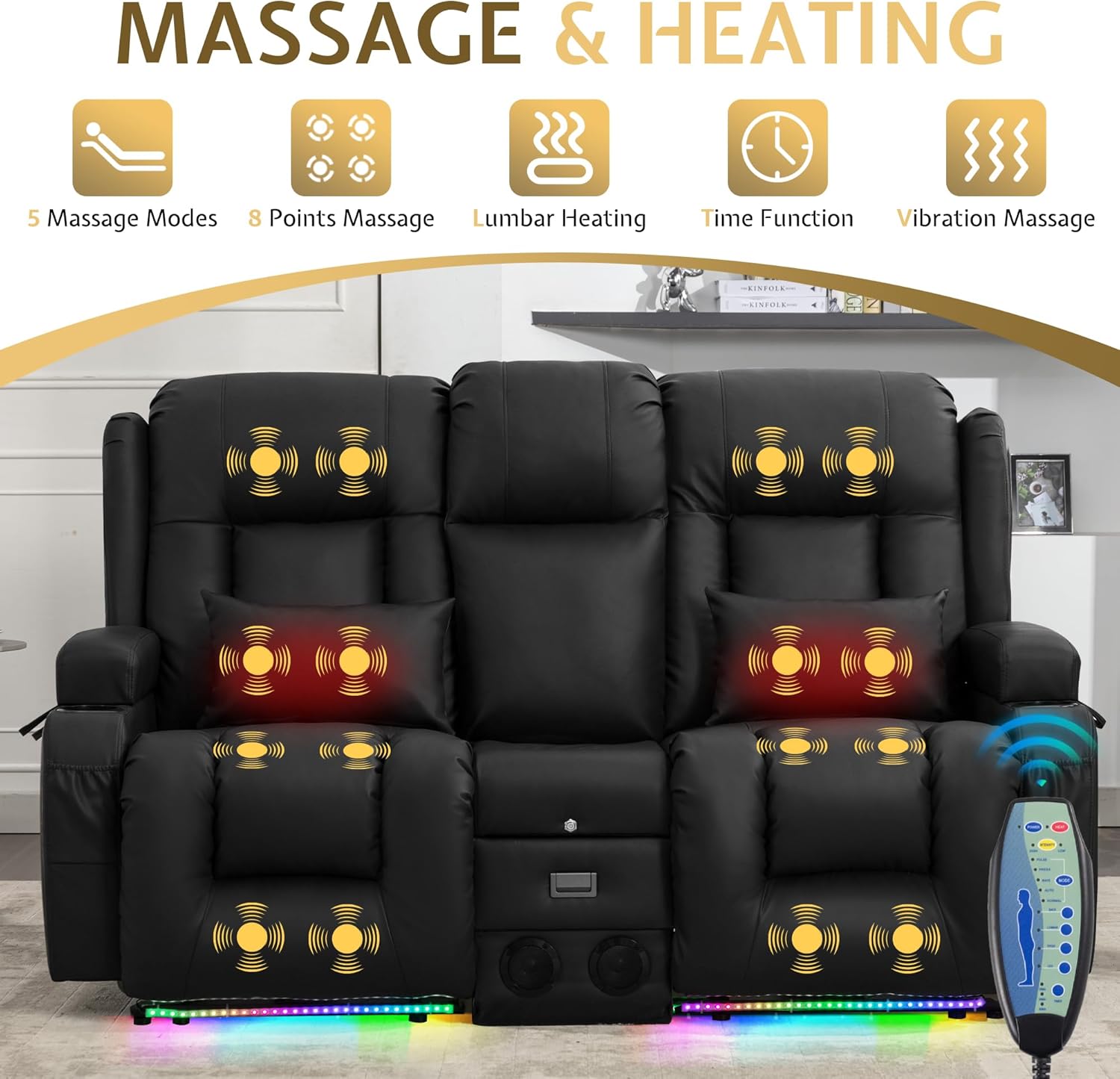 URRED Power Reclining Loveseat Sofa with Console, RV Couch Loveseat Recliner Sofa with Massage & Heat, LED Light, Cupholders, Bluetooth Speakers, USB Charge Ports, Outlets, Faux Leather, Black
