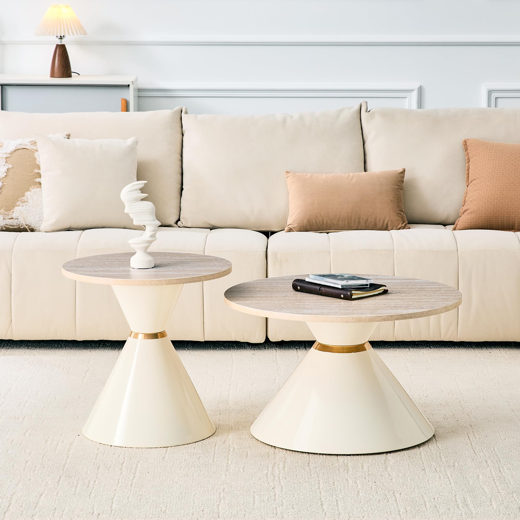 2er Set Couchtisch Rund, Nesting Couchtisch mit Melamin-Tischplatte, Wohnzimmertisch mit Goldakzenten, Sofatisch für Wohnzimmer und Schlafzimmer & Büro, Cremeweiß
